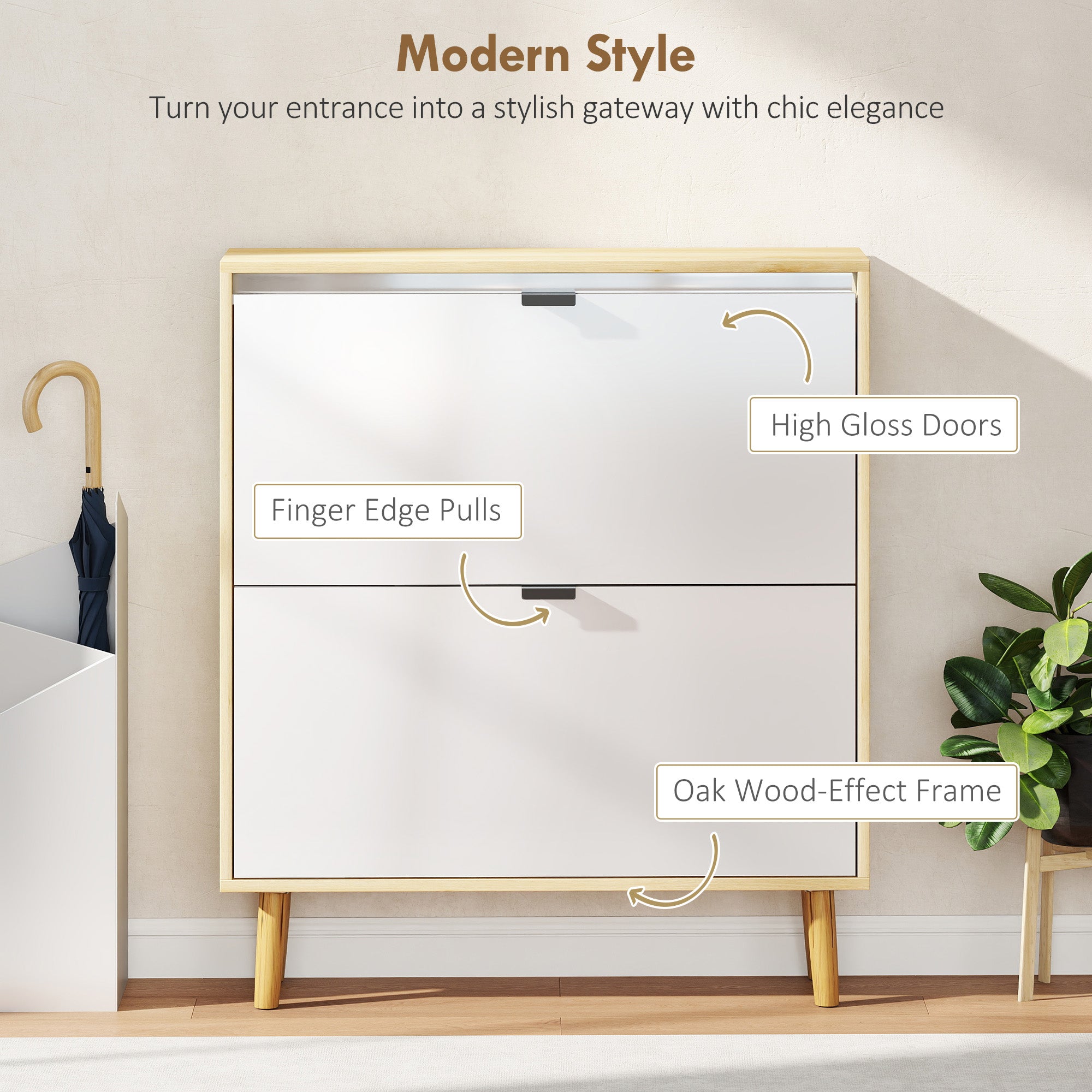 Narrow Shoe Cabinet, High Gloss Shoe Storage Cabinet with 2 Flip Drawers and Adjustable Shelves, Holds 16 Pairs, White-Home Furnishings > Storage & Organization > Shoe Storage Cabinets & Racks-DECOROLALA