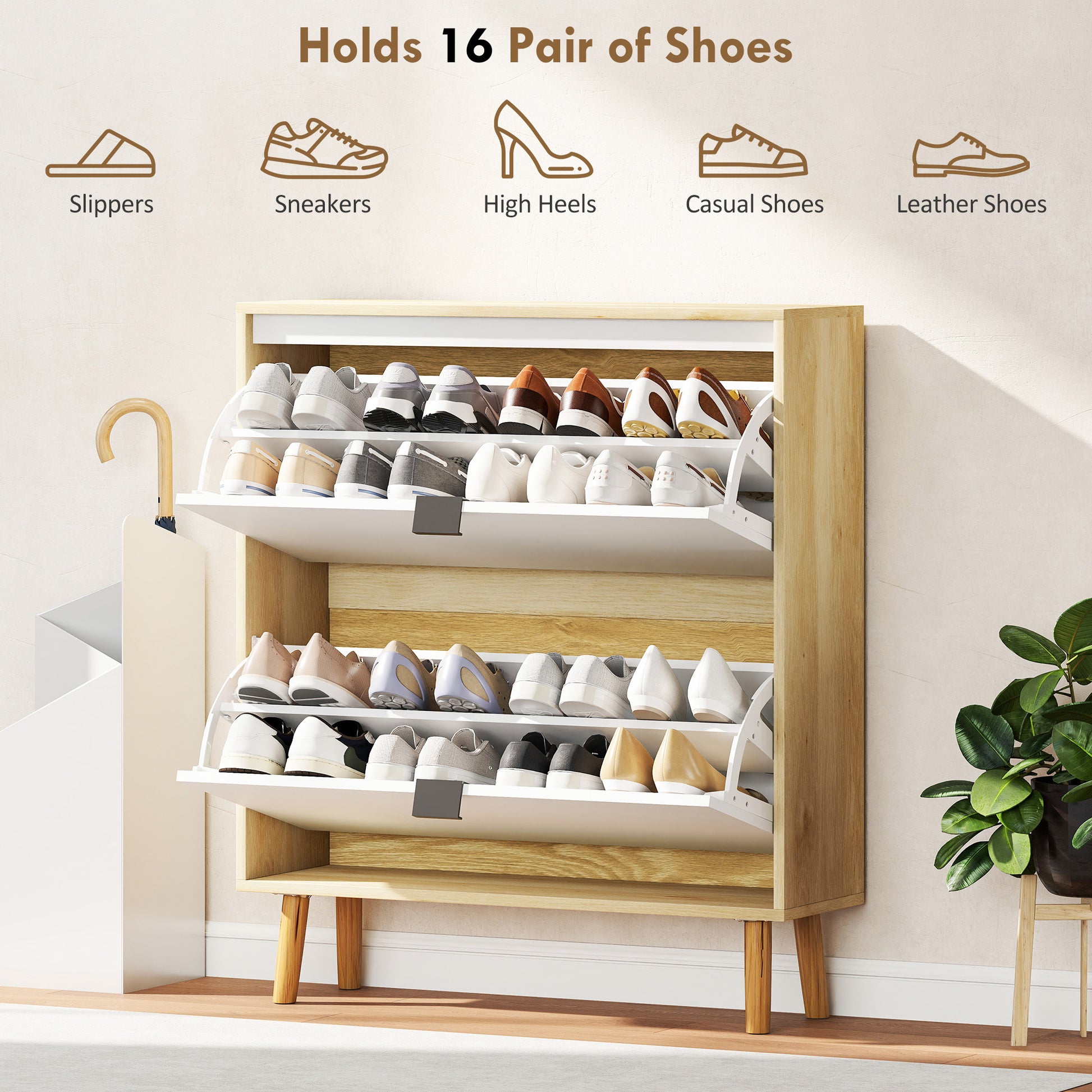 Narrow Shoe Cabinet, High Gloss Shoe Storage Cabinet with 2 Flip Drawers and Adjustable Shelves, Holds 16 Pairs, White-Home Furnishings > Storage & Organization > Shoe Storage Cabinets & Racks-DECOROLALA
