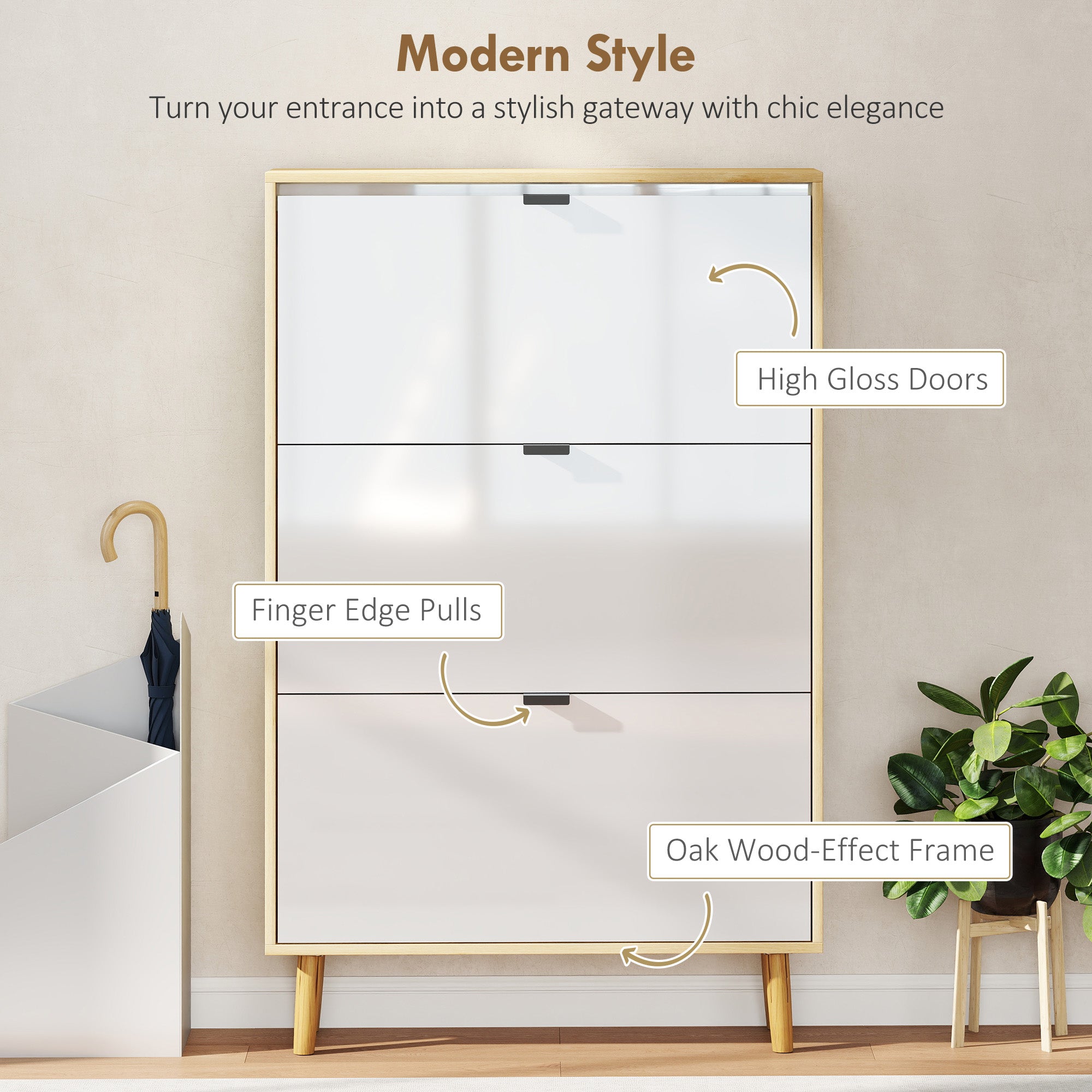 Narrow Shoe Cabinet, High Gloss Shoe Storage Cabinet with 3 Flip Drawers and Adjustable Shelves, Holds 24 Pairs, White-Home Furnishings > Storage & Organization > Shoe Storage Cabinets & Racks-DECOROLALA