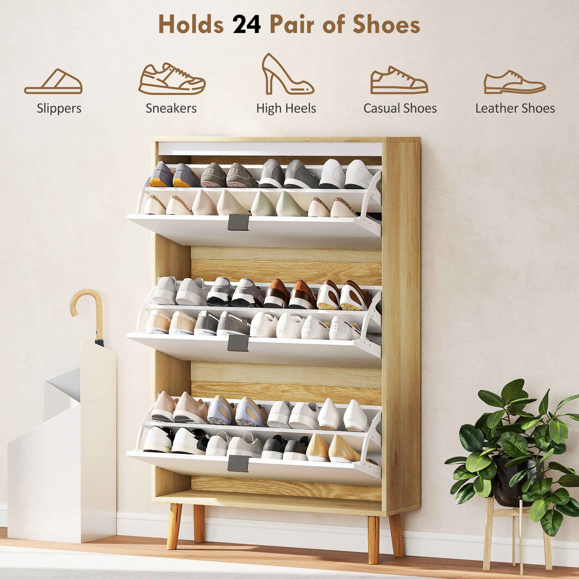 Narrow Shoe Cabinet, High Gloss Shoe Storage Cabinet with 3 Flip Drawers and Adjustable Shelves, Holds 24 Pairs, White-Home Furnishings > Storage & Organization > Shoe Storage Cabinets & Racks-DECOROLALA