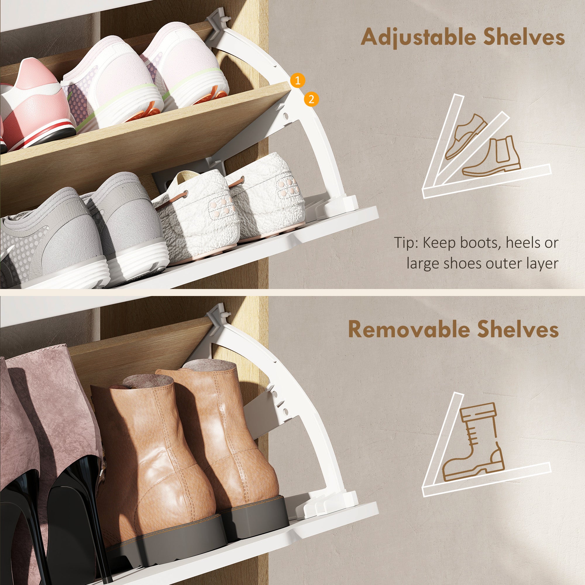 Narrow Shoe Cabinet for Entryway with 2 Flip Drawers, Top Drawer and Adjustable Shelves for 12 Pairs of Shoes, White-Home Furnishings > Storage & Organization > Shoe Storage Cabinets & Racks-DECOROLALA