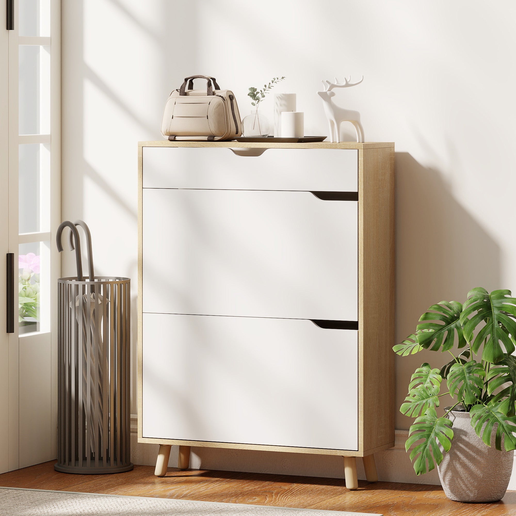 Narrow Shoe Cabinet for Entryway with 2 Flip Drawers, Top Drawer and Adjustable Shelves for 12 Pairs of Shoes, White-Home Furnishings > Storage & Organization > Shoe Storage Cabinets & Racks-DECOROLALA