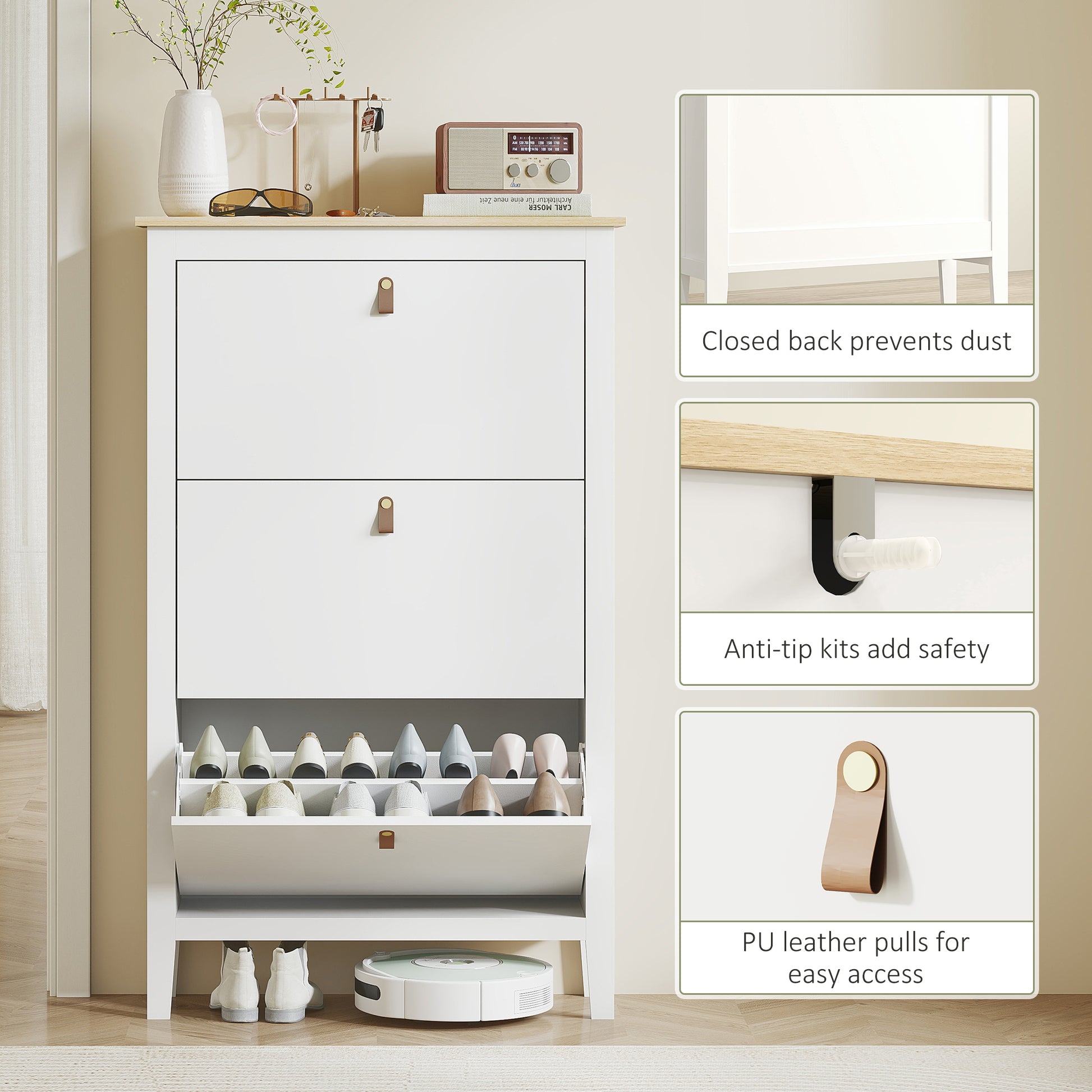 Narrow Shoe Cabinet with 3 Flip Drawers, Adjustable Shelves for Entryway, Holds 15-21 Pairs, White-Home Furnishings > Storage & Organization > Shoe Storage Cabinets & Racks-DECOROLALA
