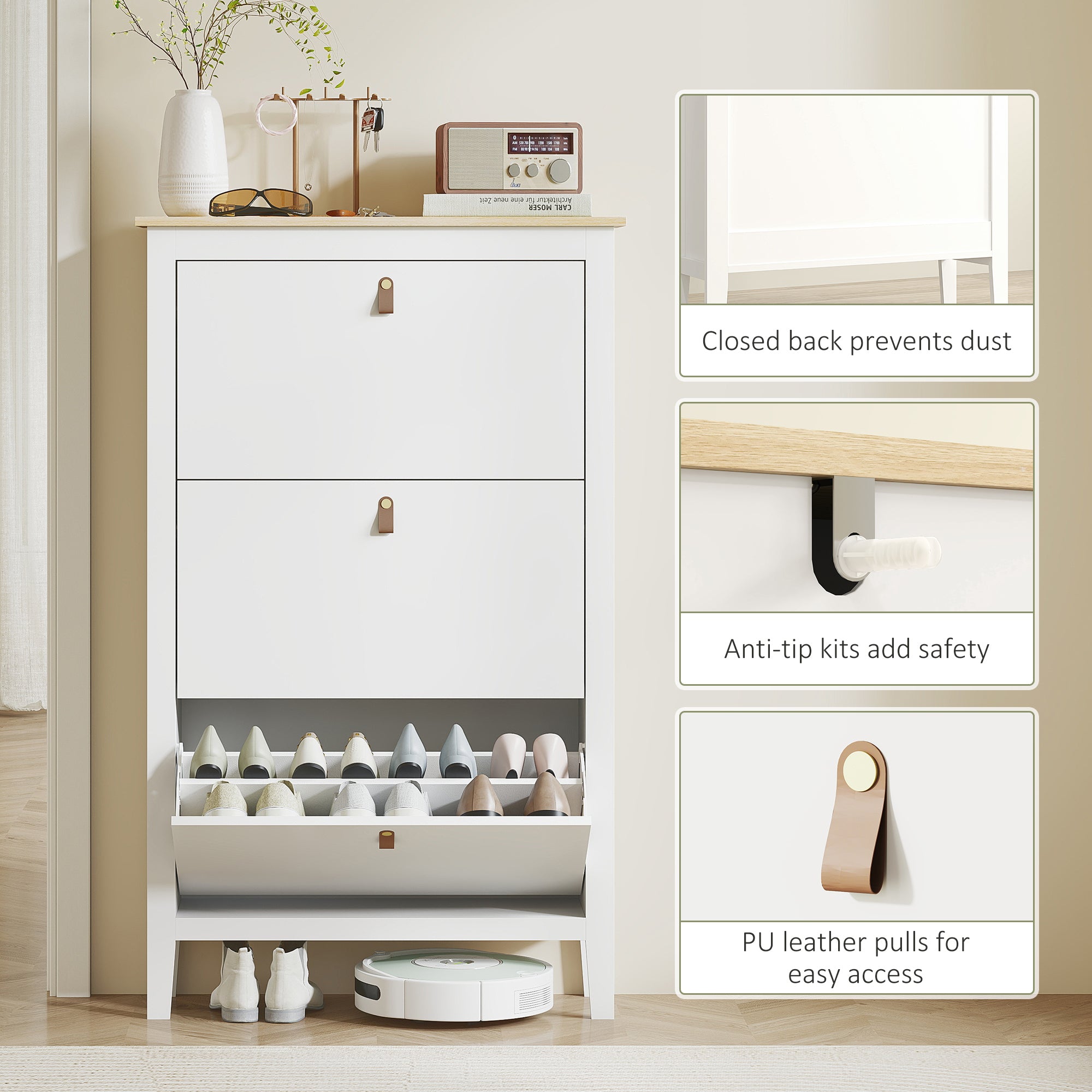 Narrow Shoe Cabinet with 3 Flip Drawers, Adjustable Shelves for Entryway, Holds 15-21 Pairs, White-Home Furnishings > Storage & Organization > Shoe Storage Cabinets & Racks-DECOROLALA
