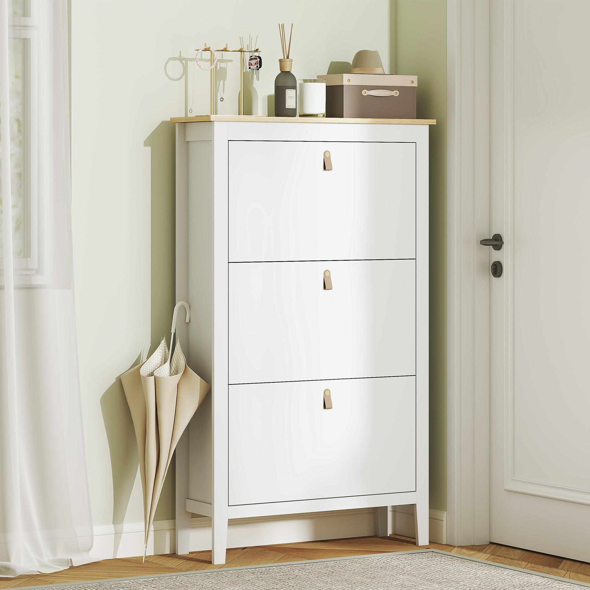 Narrow Shoe Cabinet with 3 Flip Drawers, Adjustable Shelves for Entryway, Holds 15-21 Pairs, White-Home Furnishings > Storage & Organization > Shoe Storage Cabinets & Racks-DECOROLALA