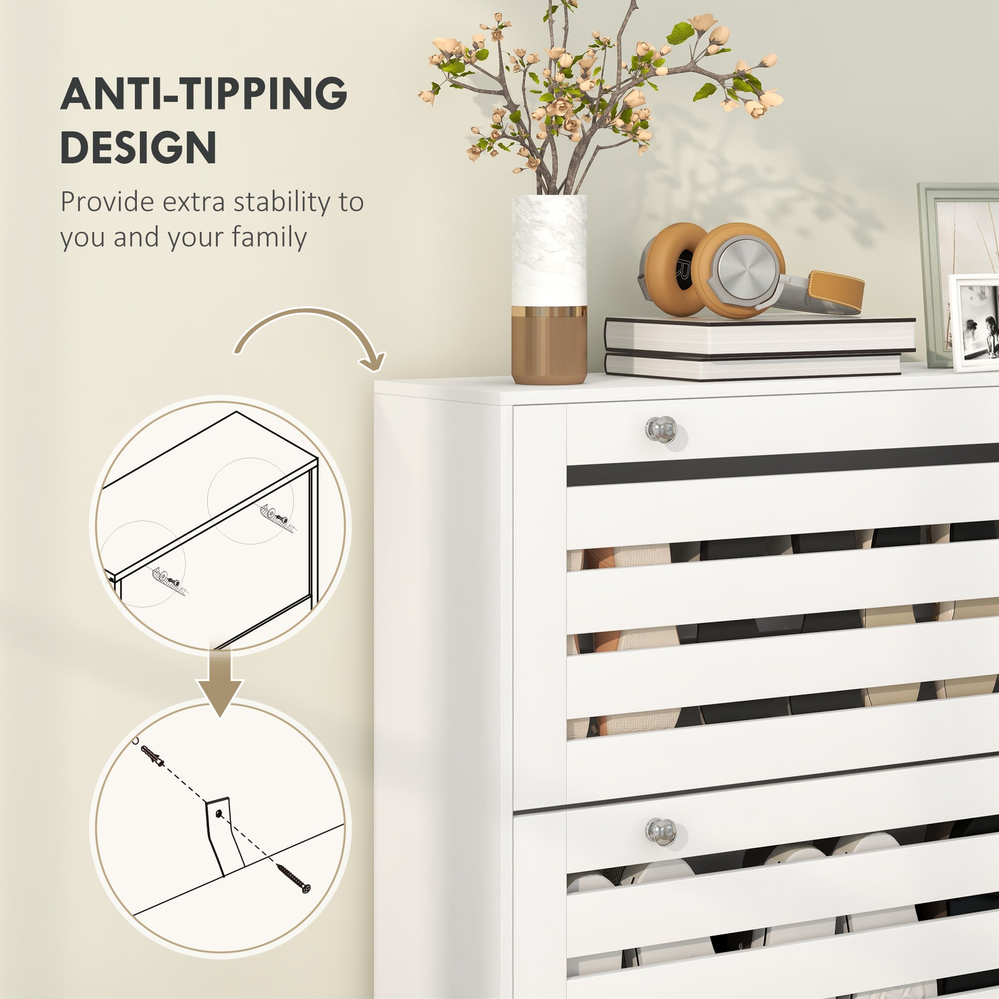 Narrow Shoe Storage Cabinet, 3 Flip Drawers, Adjustable Shelves, 18-24 Pairs Capacity, White-Home Furnishings > Storage & Organization > Shoe Storage Cabinets & Racks-DECOROLALA