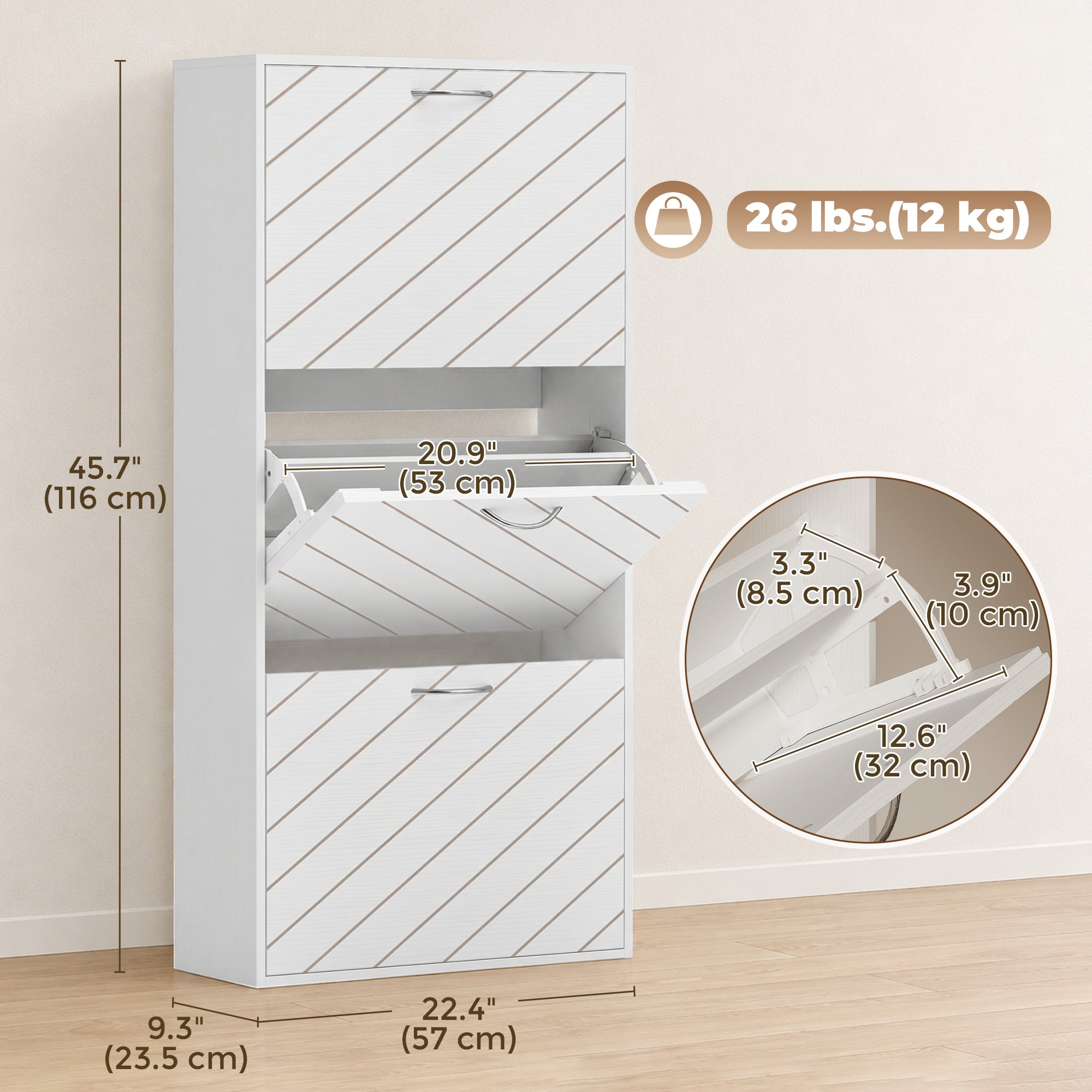 Narrow Shoe Storage Cabinet - 3 Flip Drawers White Wood Grain-Home Furnishings > Storage & Organization > Shoe Storage Cabinets & Racks-DECOROLALA