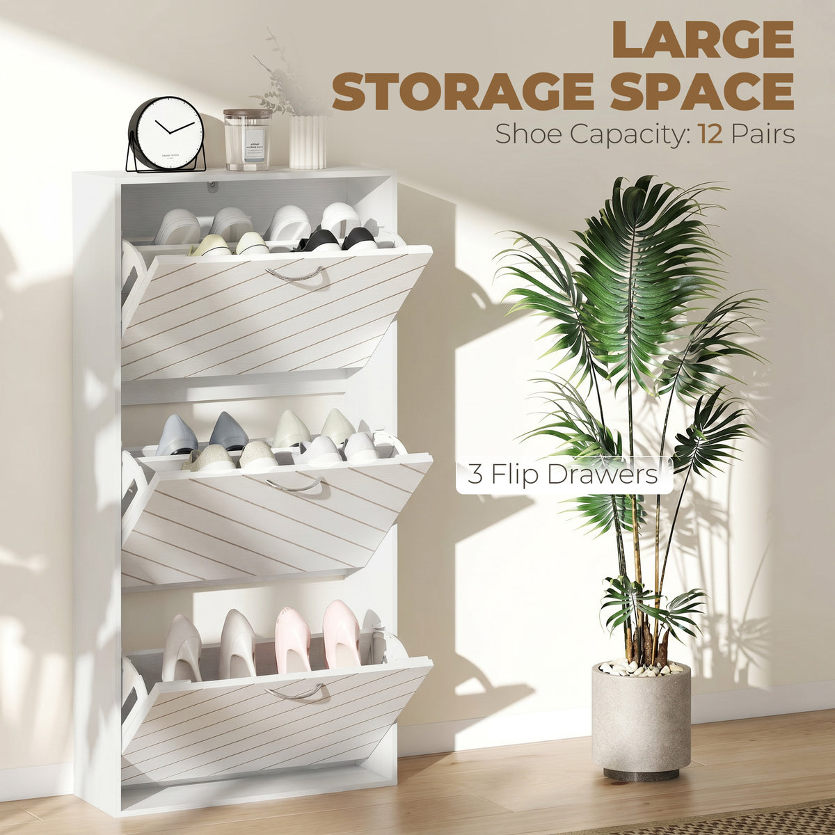 Narrow Shoe Storage Cabinet - 3 Flip Drawers White Wood Grain-Home Furnishings > Storage & Organization > Shoe Storage Cabinets & Racks-DECOROLALA
