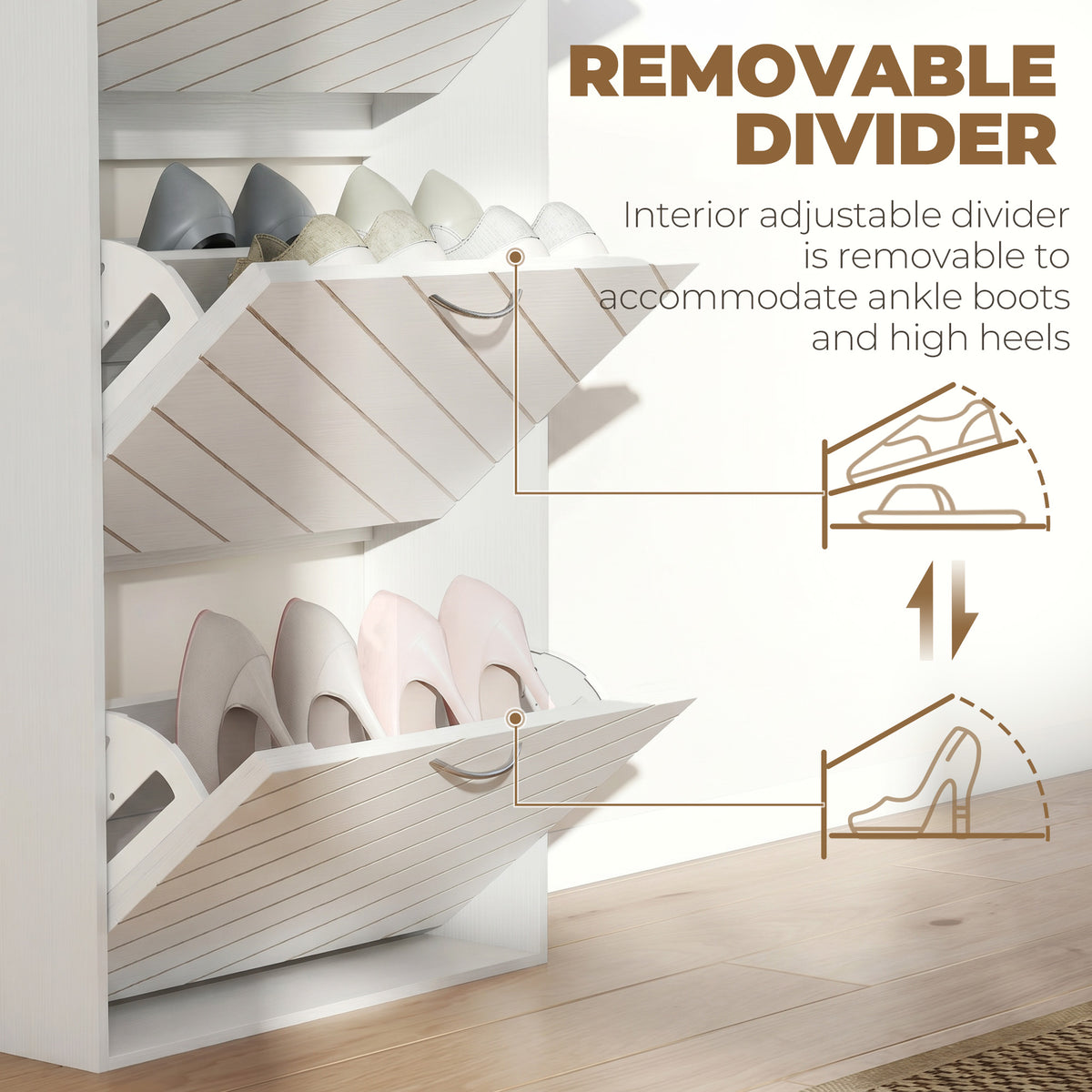 Narrow Shoe Storage Cabinet - 3 Flip Drawers White Wood Grain-Home Furnishings > Storage & Organization > Shoe Storage Cabinets & Racks-DECOROLALA