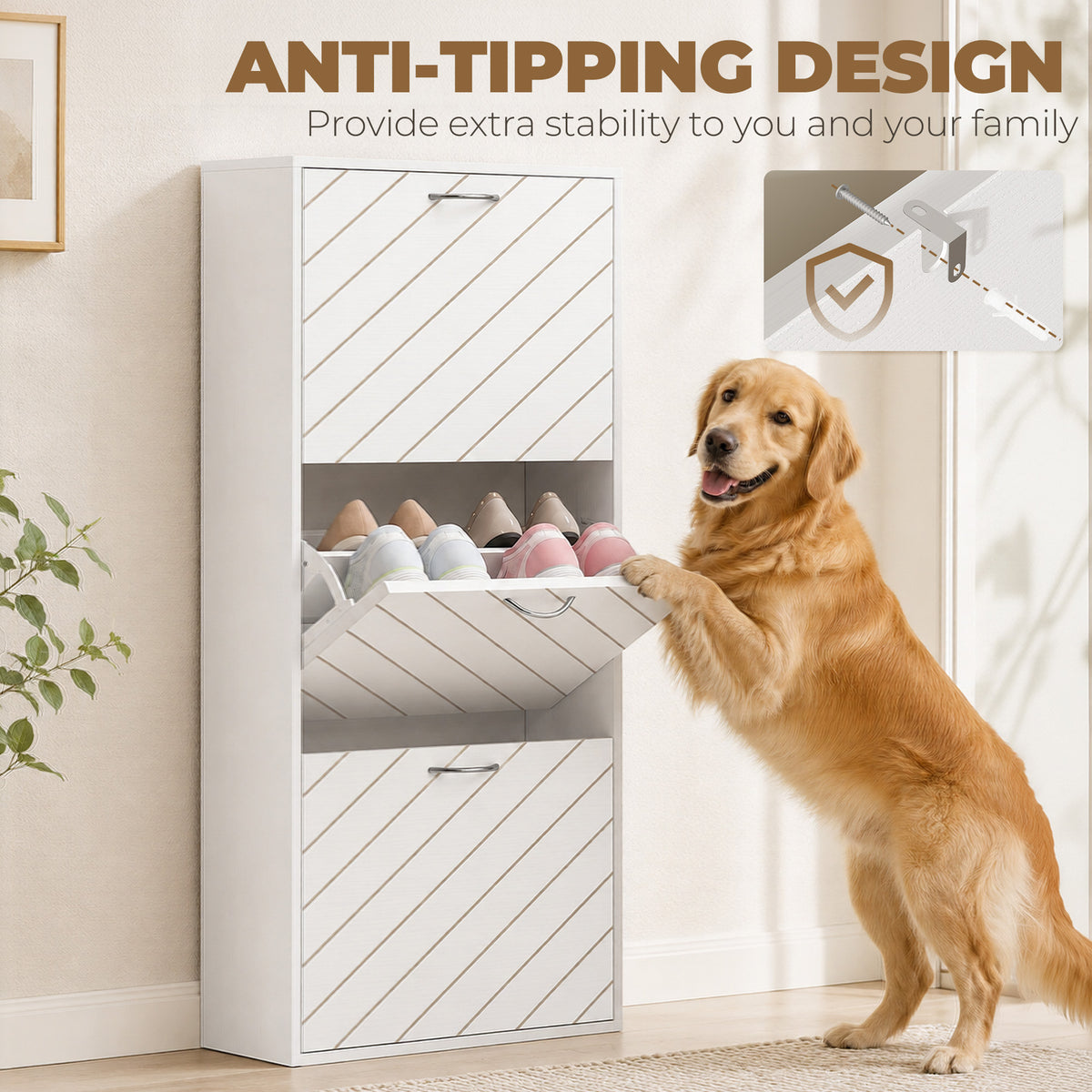 Narrow Shoe Storage Cabinet - 3 Flip Drawers White Wood Grain-Home Furnishings > Storage & Organization > Shoe Storage Cabinets & Racks-DECOROLALA