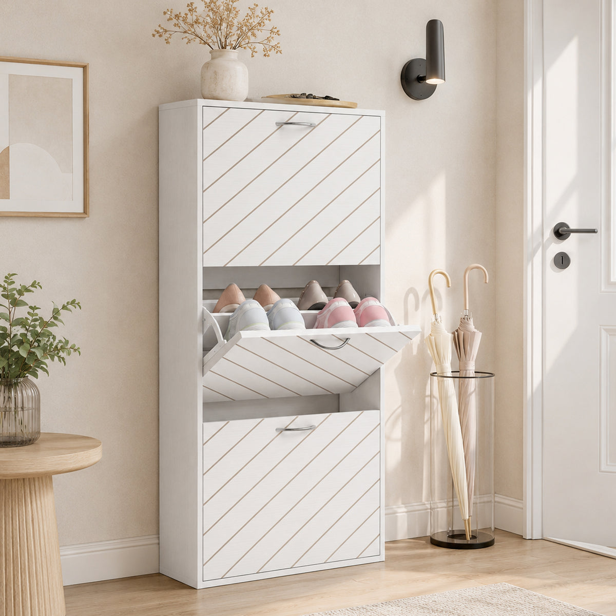 Narrow Shoe Storage Cabinet - 3 Flip Drawers White Wood Grain-Home Furnishings > Storage & Organization > Shoe Storage Cabinets & Racks-DECOROLALA