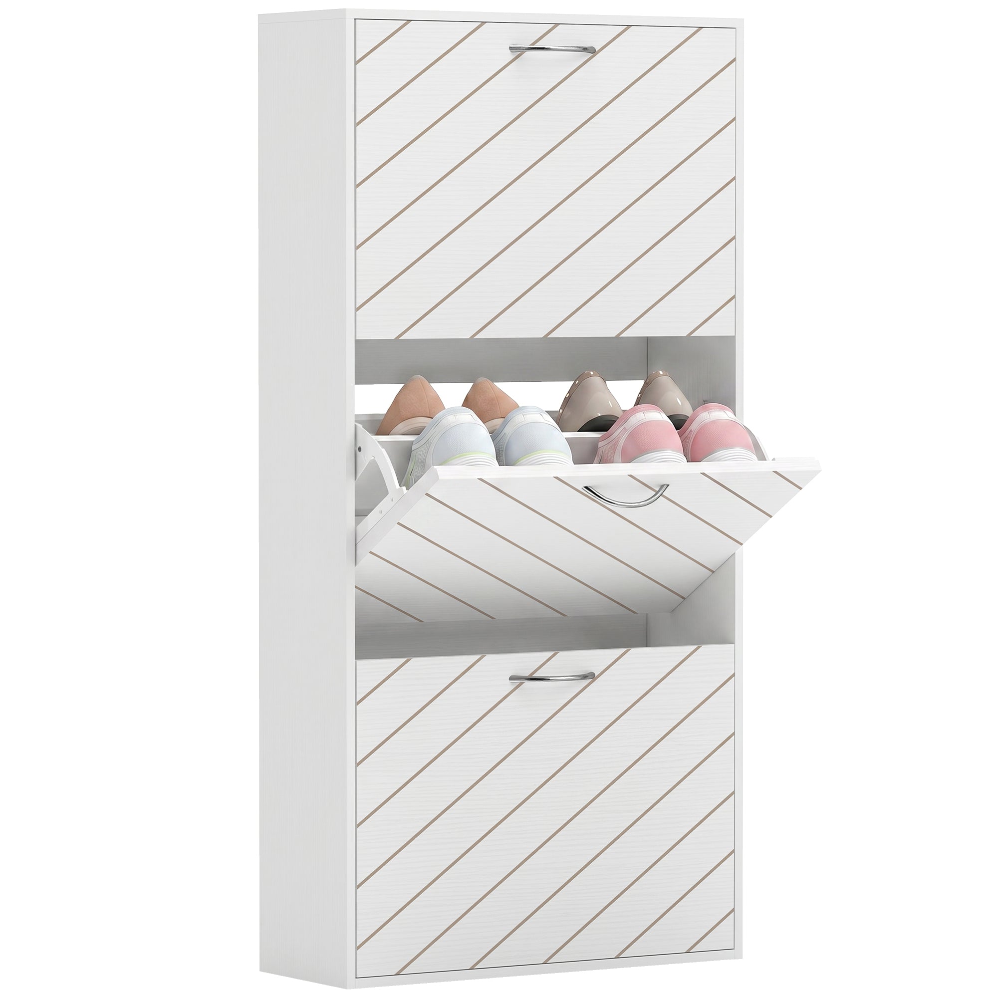 Narrow Shoe Storage Cabinet - 3 Flip Drawers White Wood Grain-Home Furnishings > Storage & Organization > Shoe Storage Cabinets & Racks-DECOROLALA