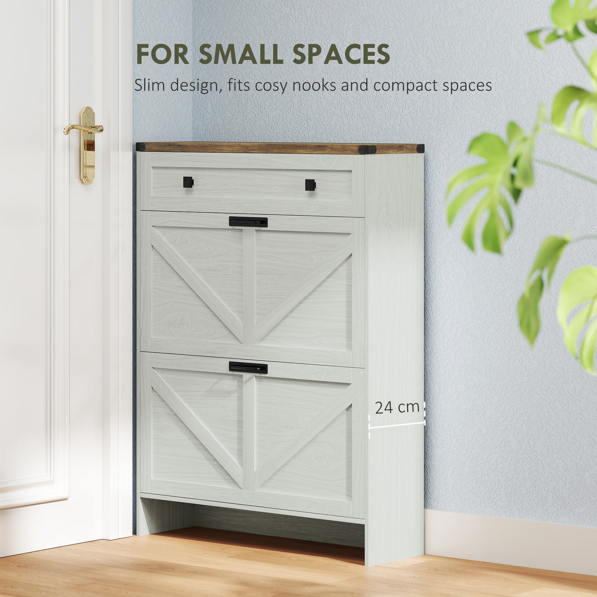 Narrow Shoe Storage Cabinet, Farmhouse Shoe Cabinet with 2 Flip Drawers, 1 Drawer, 12 Pairs for Entryway, White-Home Furnishings > Storage & Organization > Shoe Storage Cabinets & Racks-DECOROLALA