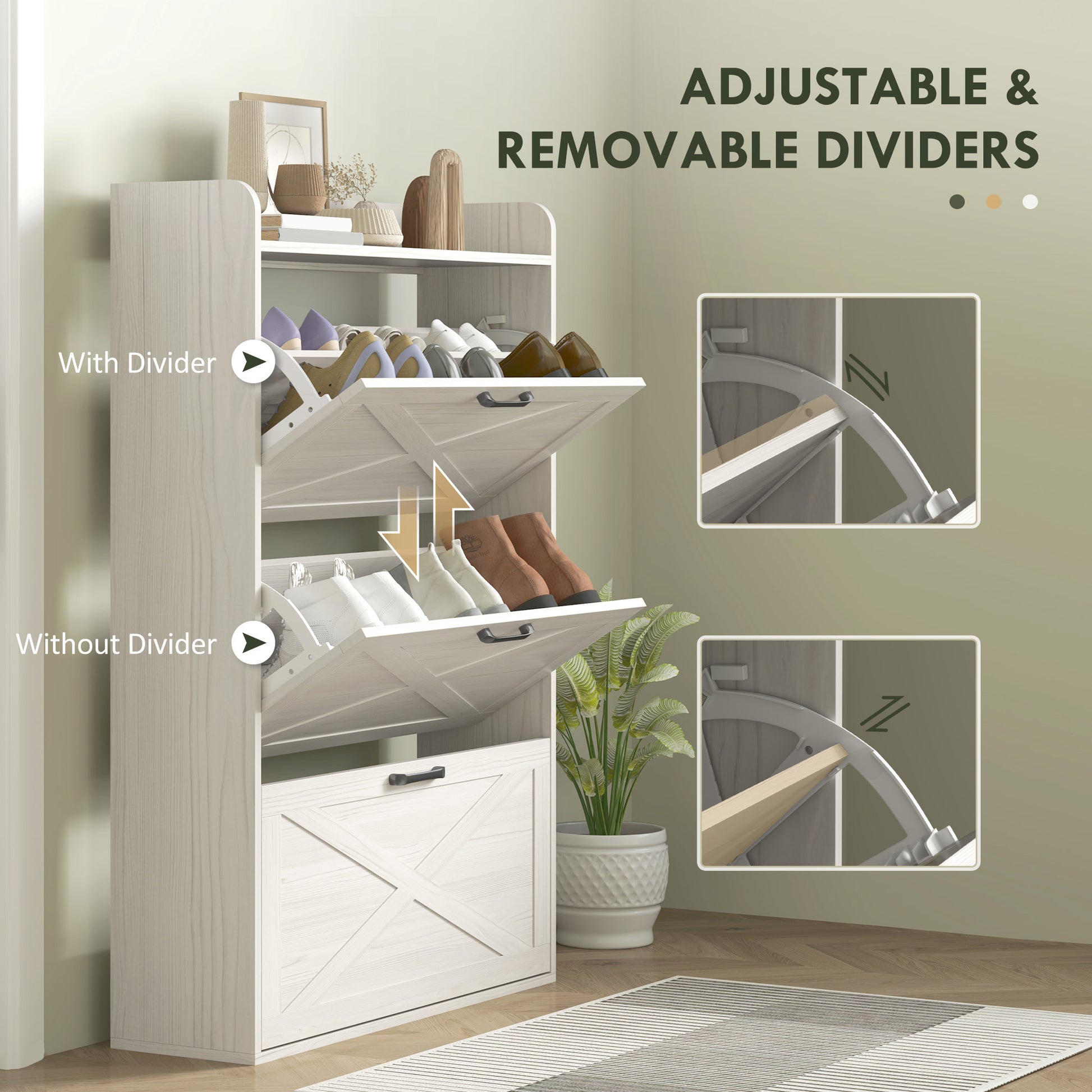 Narrow Shoe Storage Cabinet Farmhouse Shoe Cabinet with 3 Flip Drawers Adjustable Shelves for Entryway White Oak-Home Furnishings > Storage & Organization > Shoe Storage Cabinets & Racks-DECOROLALA