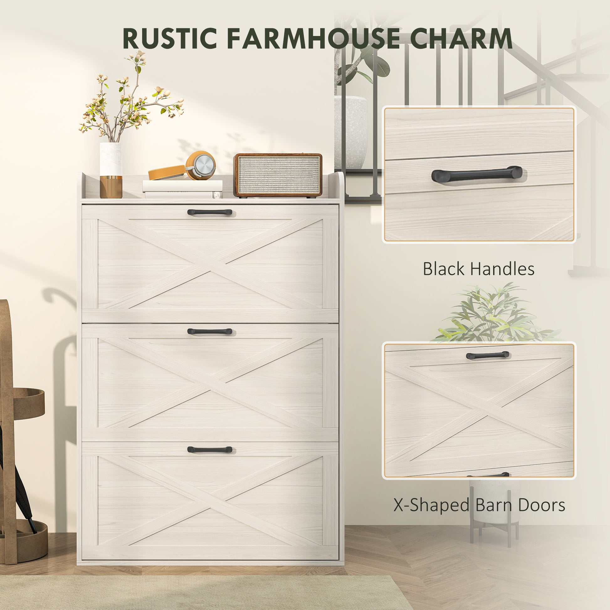 Narrow Shoe Storage Cabinet Farmhouse Shoe Cabinet with 3 Flip Drawers Adjustable Shelves for Entryway White Oak-Home Furnishings > Storage & Organization > Shoe Storage Cabinets & Racks-DECOROLALA