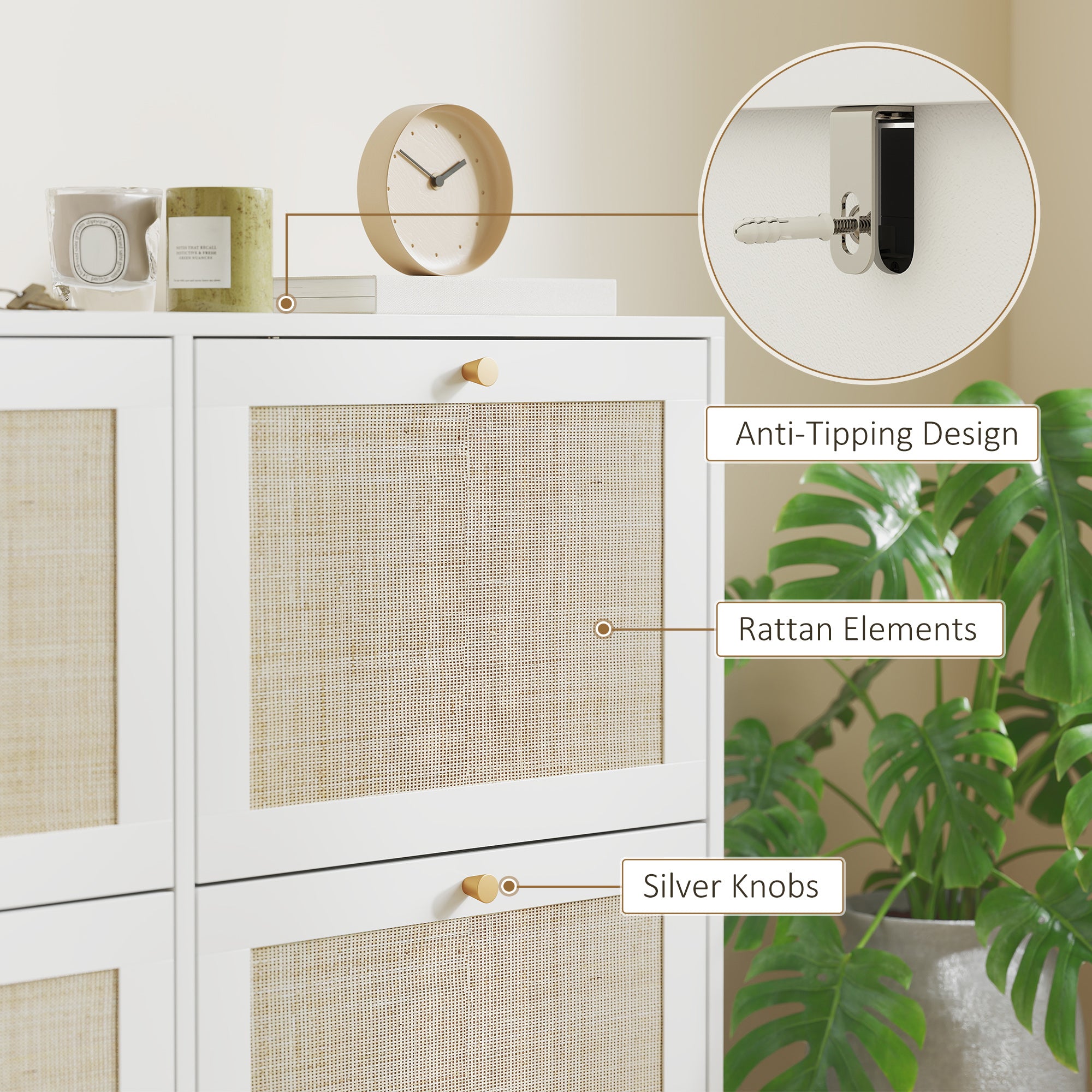 Narrow Shoe Storage Cabinet, Rattan Shoe Cabinet with 4 Flip Drawers and Adjustable Shelves for 20 Pairs, White-Home Furnishings > Storage & Organization > Shoe Storage Cabinets & Racks-DECOROLALA