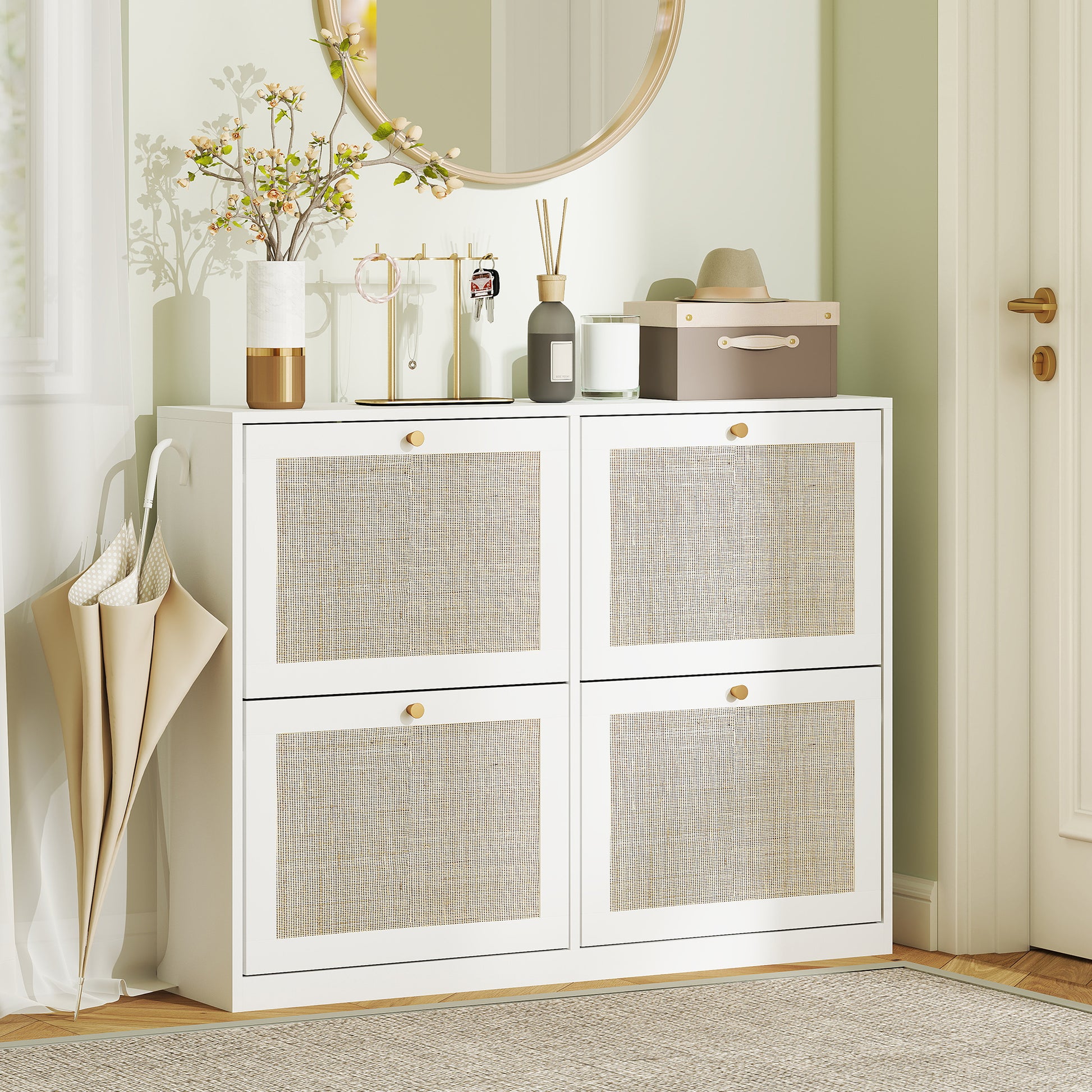 Narrow Shoe Storage Cabinet, Rattan Shoe Cabinet with 4 Flip Drawers and Adjustable Shelves for 20 Pairs, White-Home Furnishings > Storage & Organization > Shoe Storage Cabinets & Racks-DECOROLALA