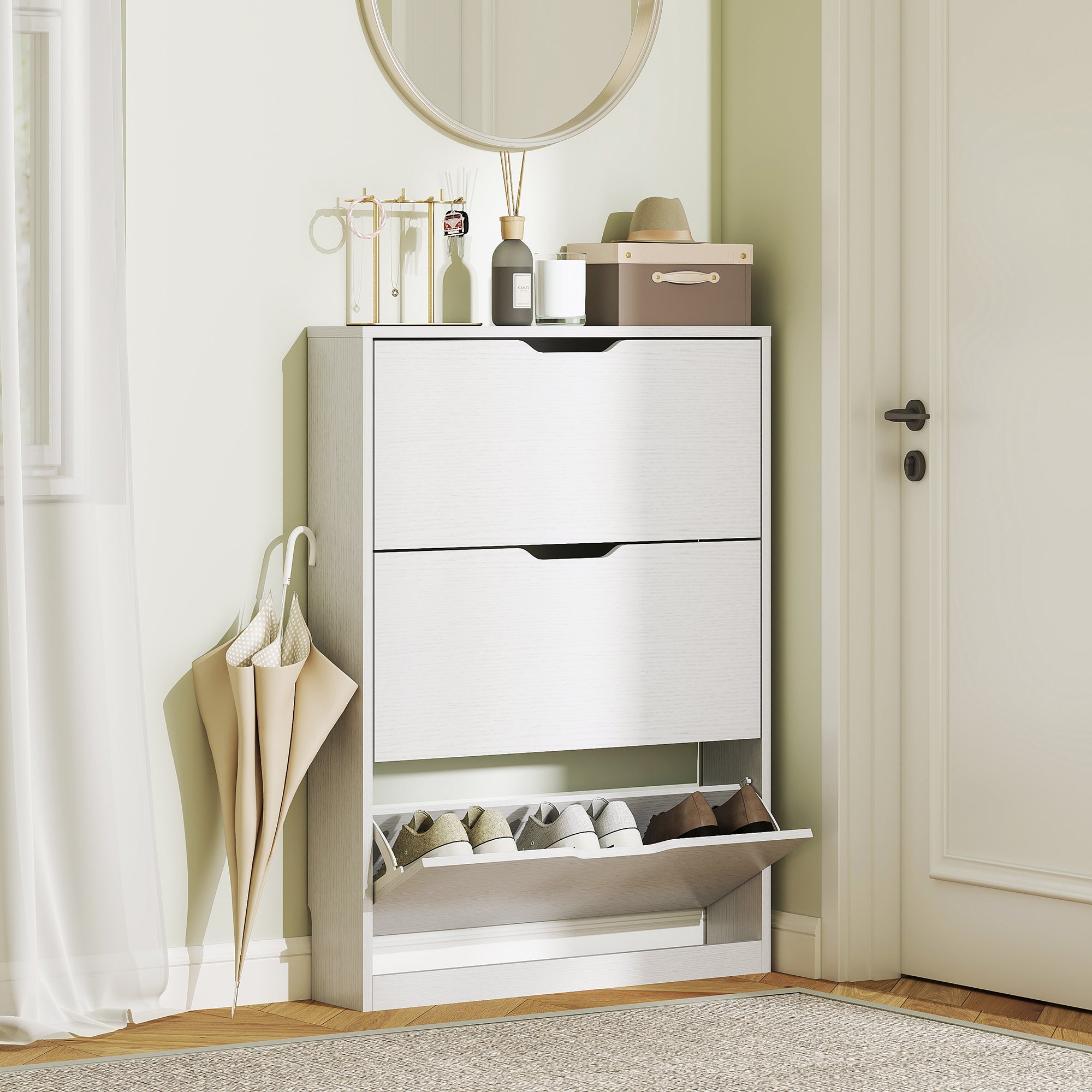 Narrow Shoe Storage Cabinet, Shoe Cabinet with 3 Flip Drawers, 31.5" W x 6.7" D x 42.5" H, White-Home Furnishings > Storage & Organization > Shoe Storage Cabinets & Racks-DECOROLALA