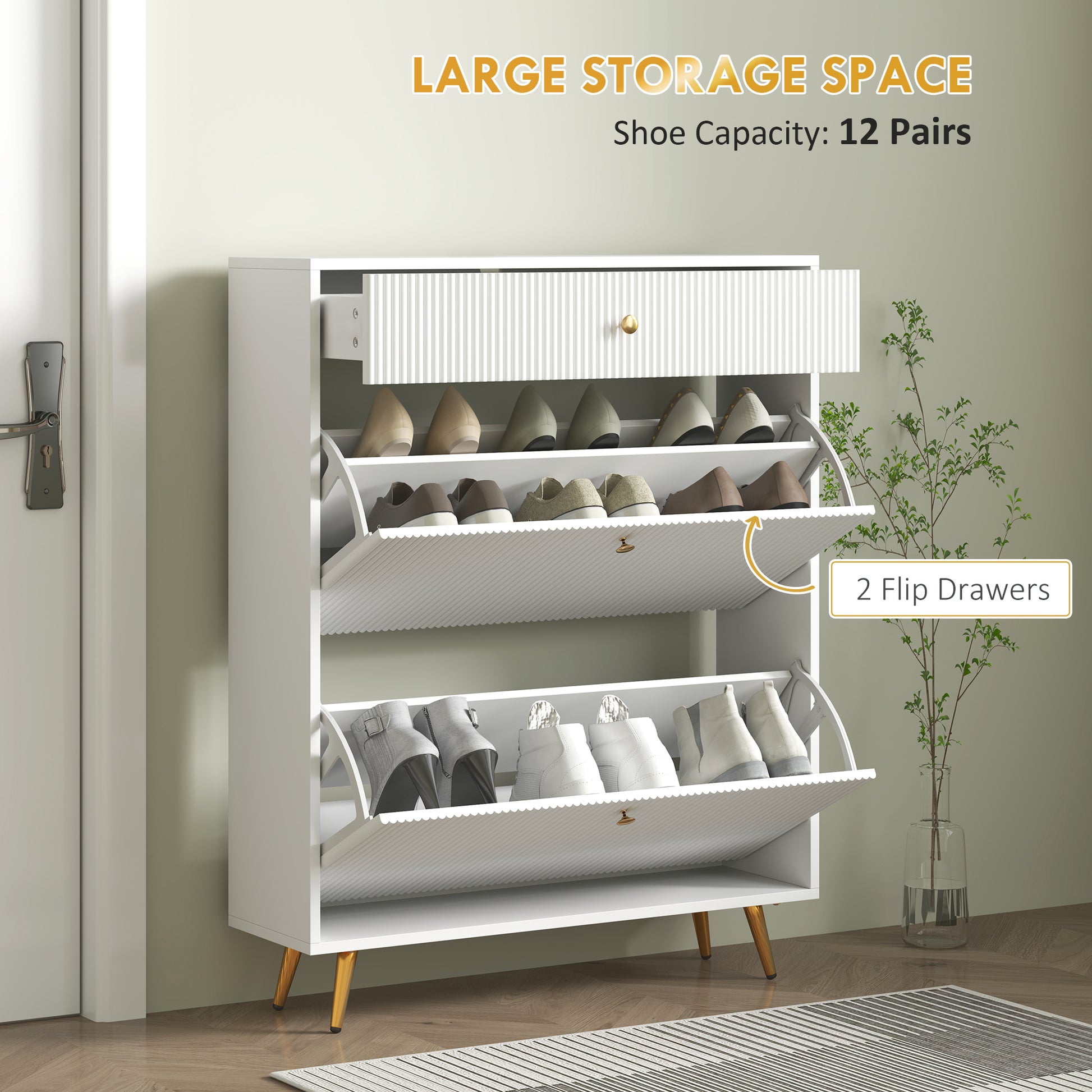 Narrow Shoe Storage Cabinet with Wave-like Panels and Adjustable Shelves for 12 Pairs of Shoes, White-Home Furnishings > Storage & Organization > Shoe Storage Cabinets & Racks-DECOROLALA