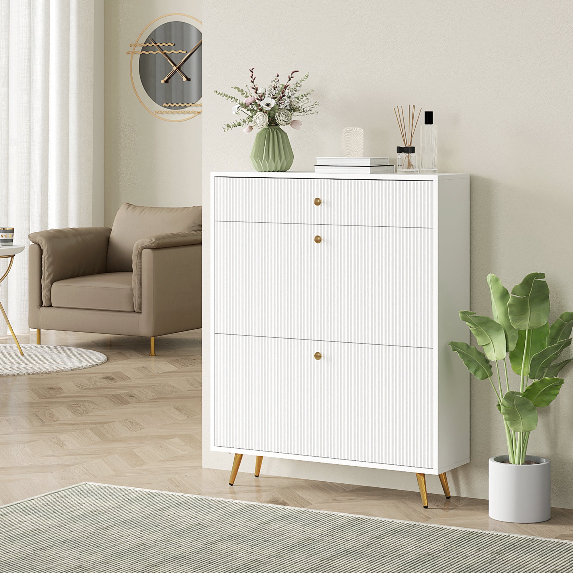 Narrow Shoe Storage Cabinet with Wave-like Panels and Adjustable Shelves for 12 Pairs of Shoes, White-Home Furnishings > Storage & Organization > Shoe Storage Cabinets & Racks-DECOROLALA