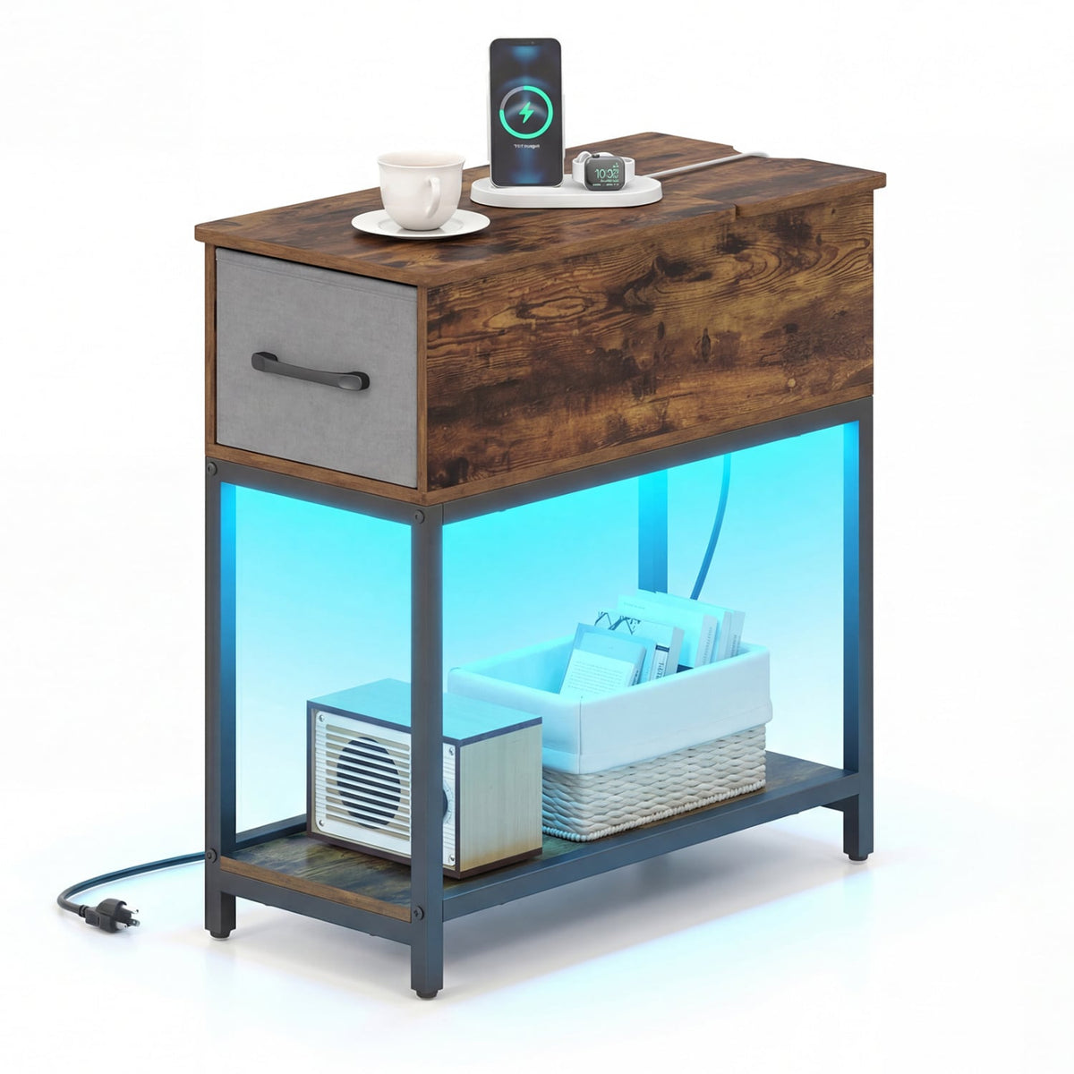 Narrow Side Table with Charging Station and LED Lights Industrial End Table-Brown-End & Side Tables-DECOROLALA