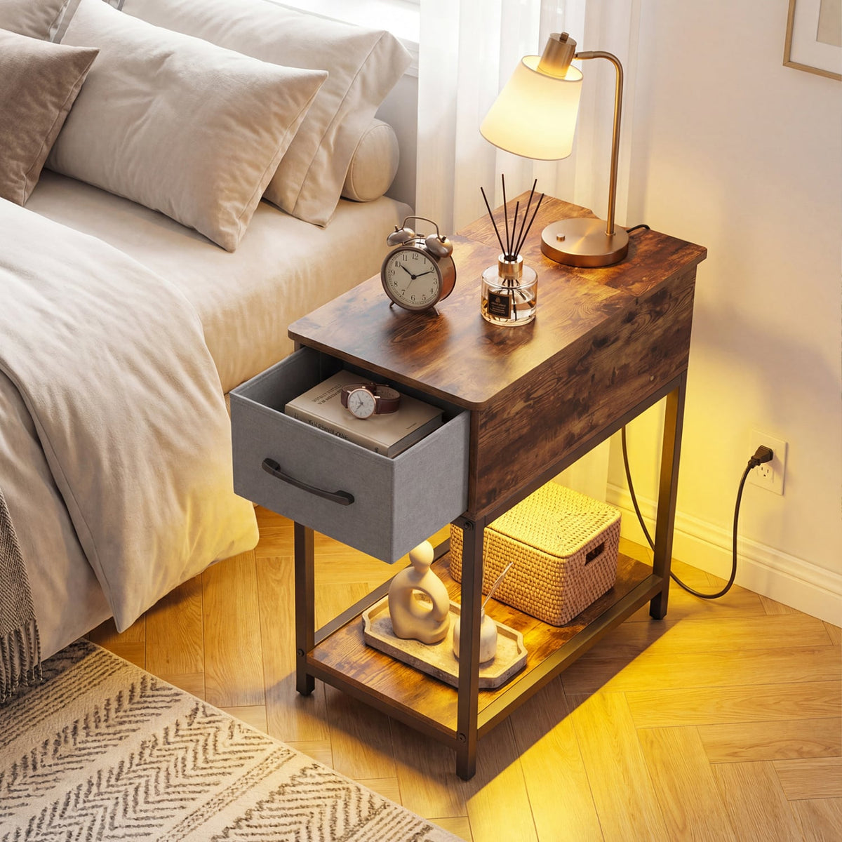 Narrow Side Table with Charging Station and LED Lights Industrial End Table-Brown-End & Side Tables-DECOROLALA