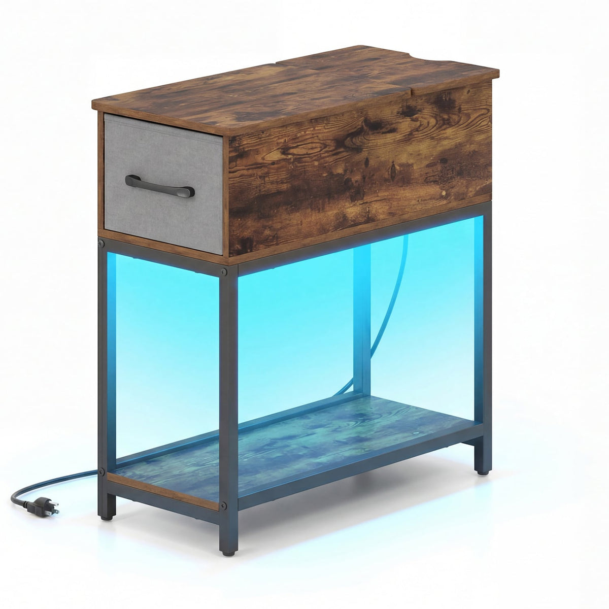 Narrow Side Table with Charging Station and LED Lights Industrial End Table-Brown-End & Side Tables-DECOROLALA