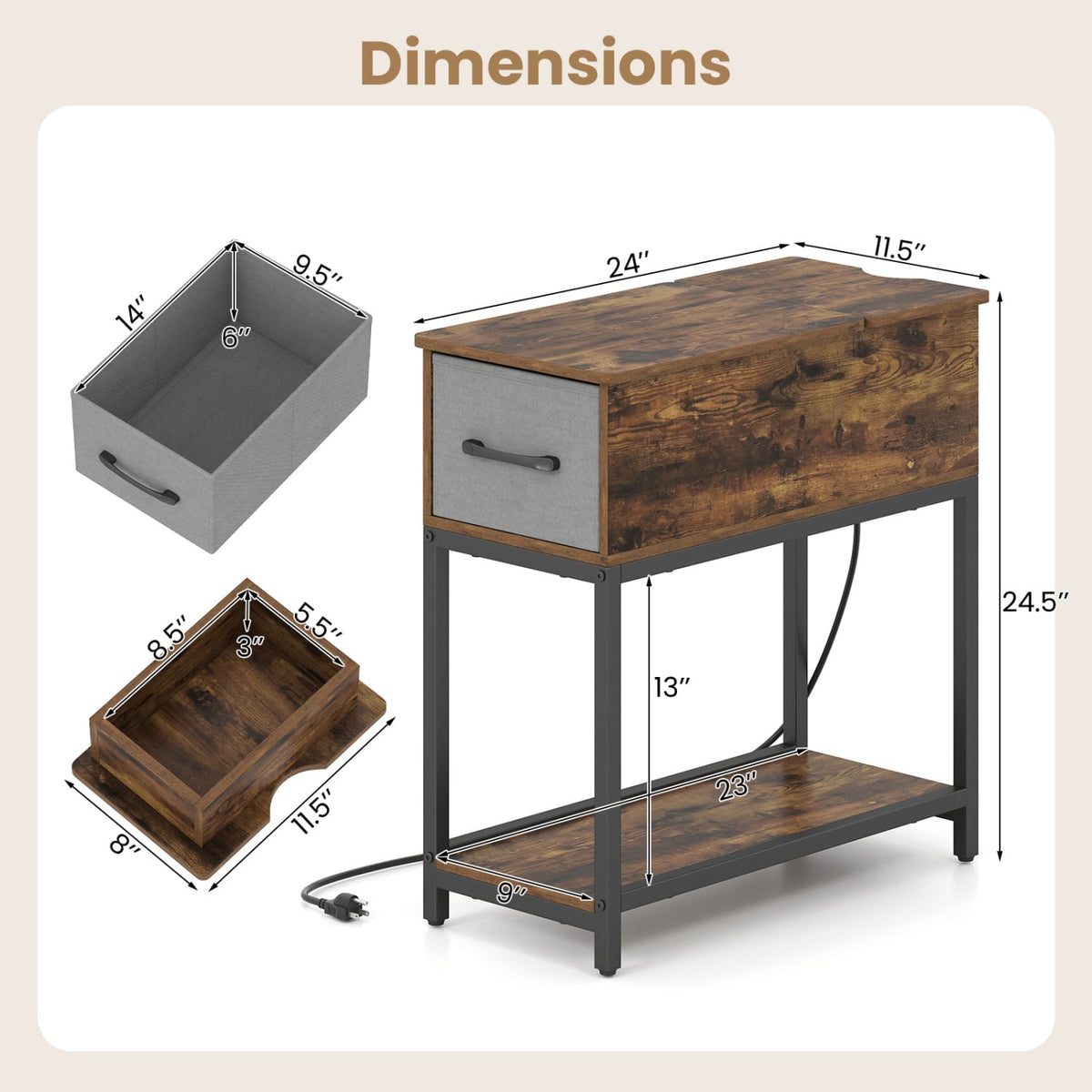 Narrow Side Table with Charging Station and LED Lights Industrial End Table-Brown-End & Side Tables-DECOROLALA