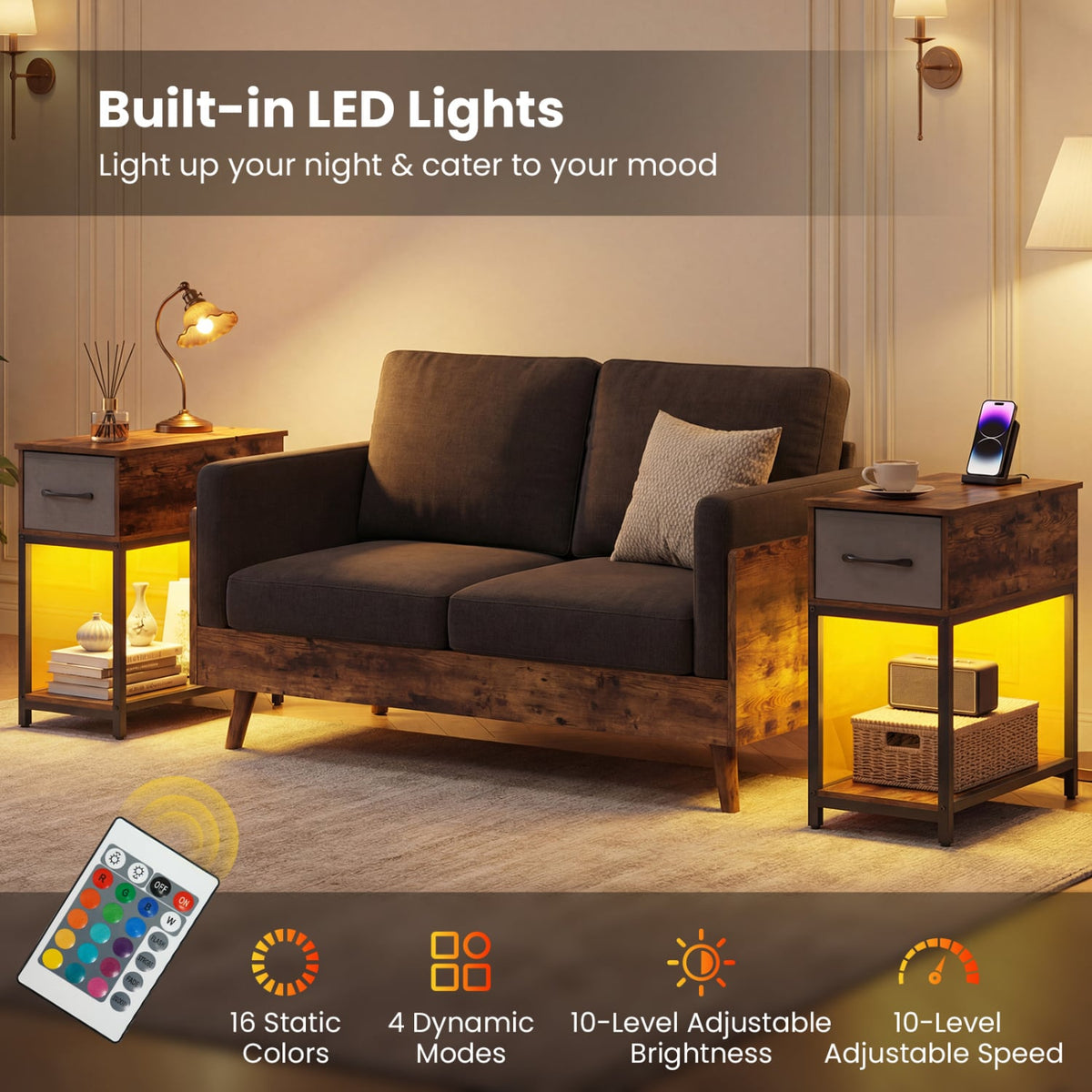 Narrow Side Table with Charging Station and LED Lights Industrial End Table-Brown-End & Side Tables-DECOROLALA