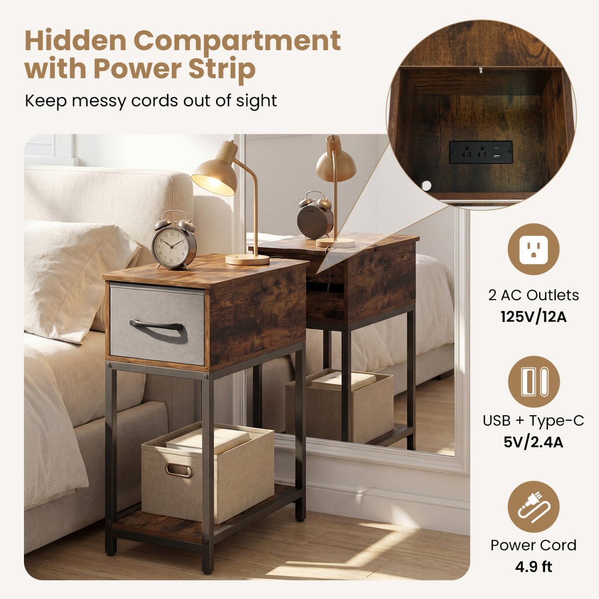 Narrow Side Table with Charging Station and LED Lights Industrial End Table-Brown-End & Side Tables-DECOROLALA