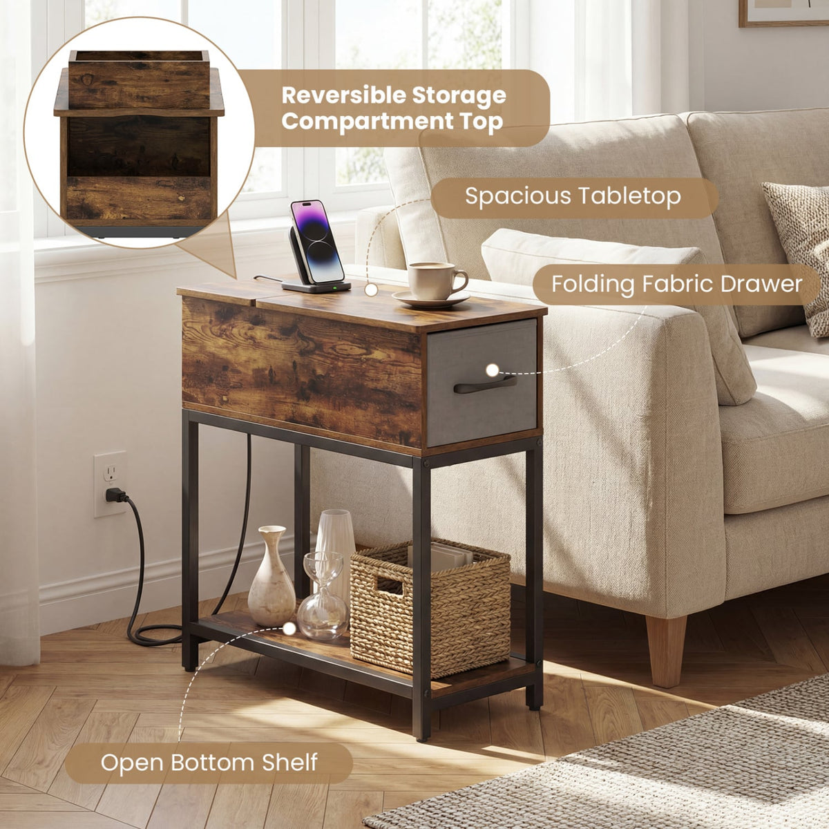 Narrow Side Table with Charging Station and LED Lights Industrial End Table-Brown-End & Side Tables-DECOROLALA
