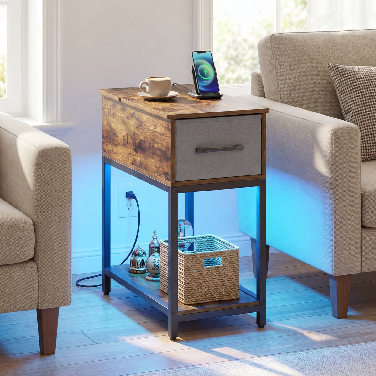 Narrow Side Table with Charging Station and LED Lights Industrial End Table-Brown-End & Side Tables-DECOROLALA