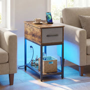 Narrow Side Table with Charging Station and LED Lights Industrial End Table-Brown-End & Side Tables-DECOROLALA