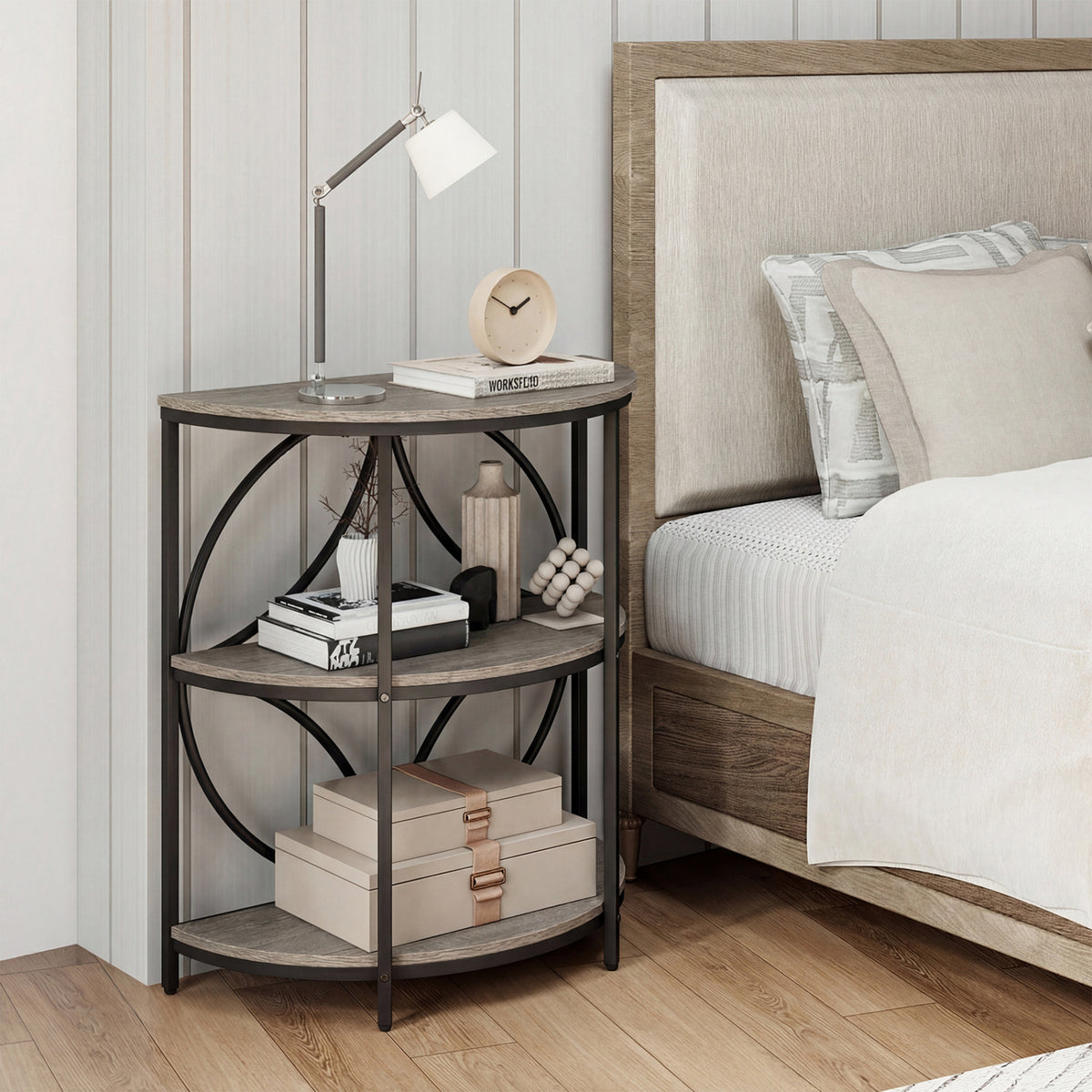 Narrow Side Table with Study Metal Frame and Storage Shelves-Gray-End & Side Tables-DECOROLALA