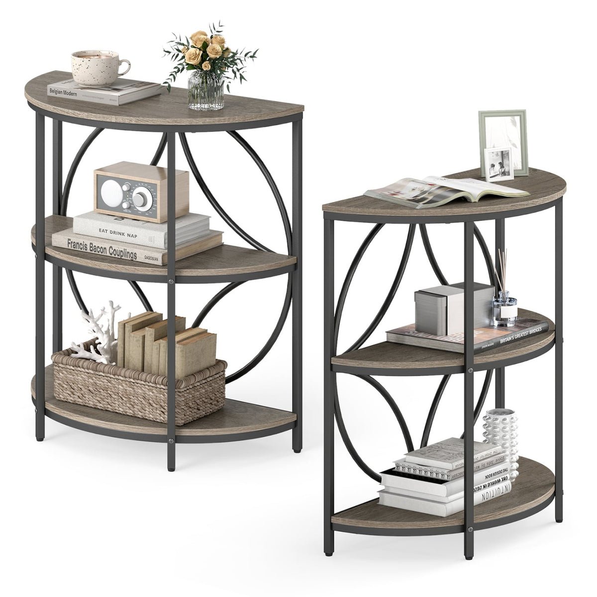Narrow Side Table with Study Metal Frame and Storage Shelves-Gray-End & Side Tables-DECOROLALA