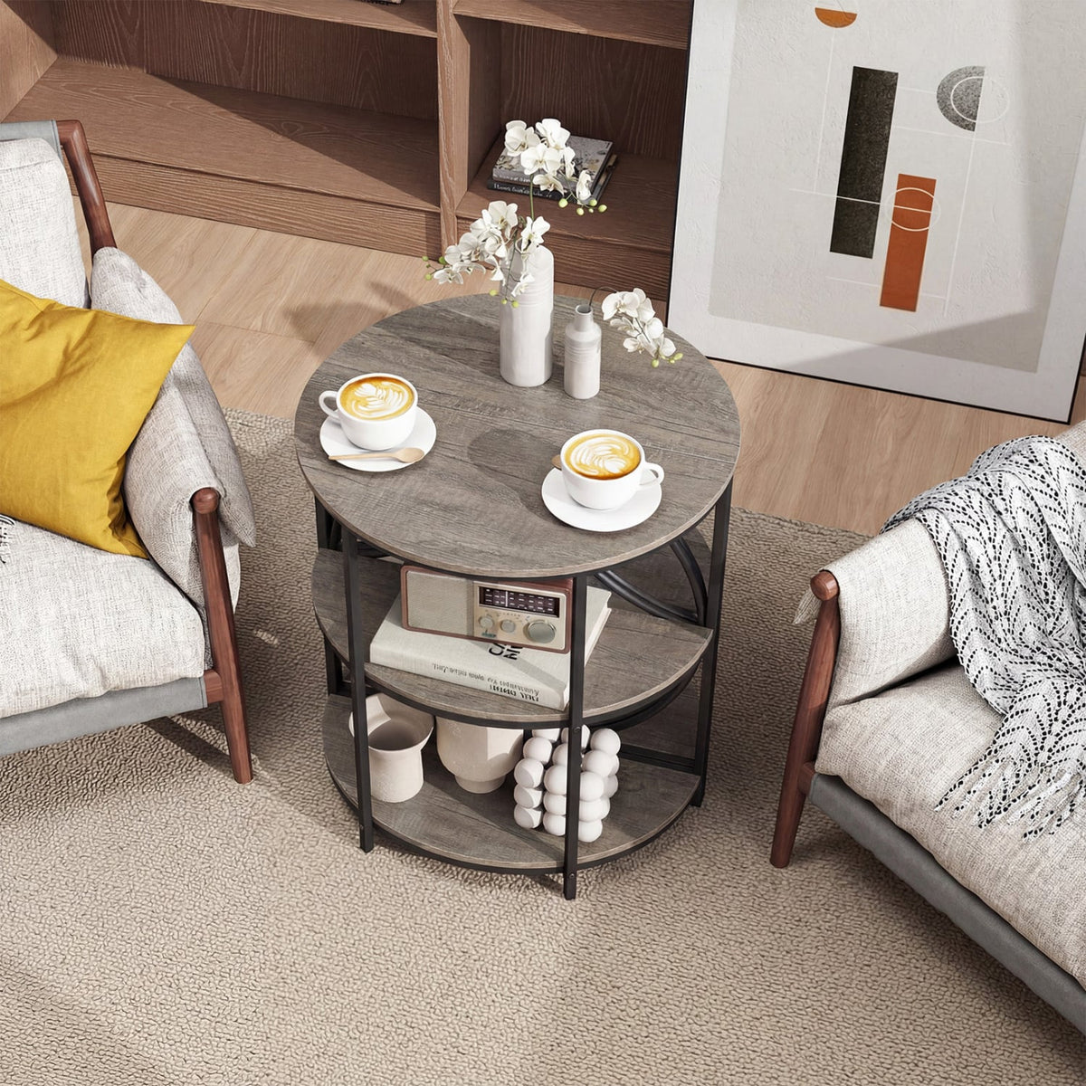 Narrow Side Table with Study Metal Frame and Storage Shelves-Gray-End & Side Tables-DECOROLALA