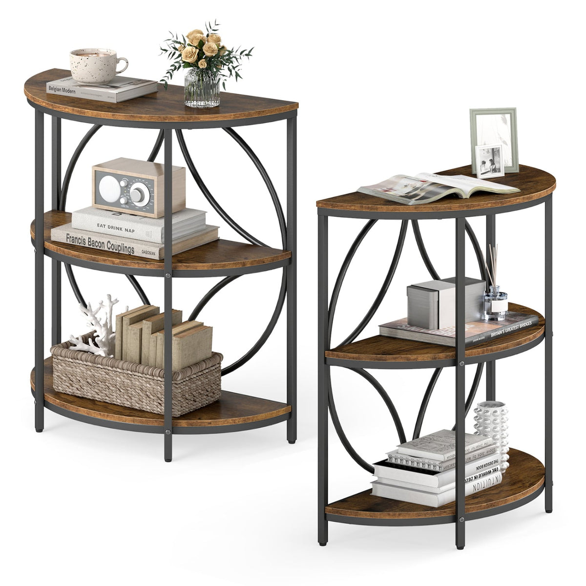 Narrow Side Table with Study Metal Frame and Storage Shelves-Rustic Brown-End & Side Tables-DECOROLALA