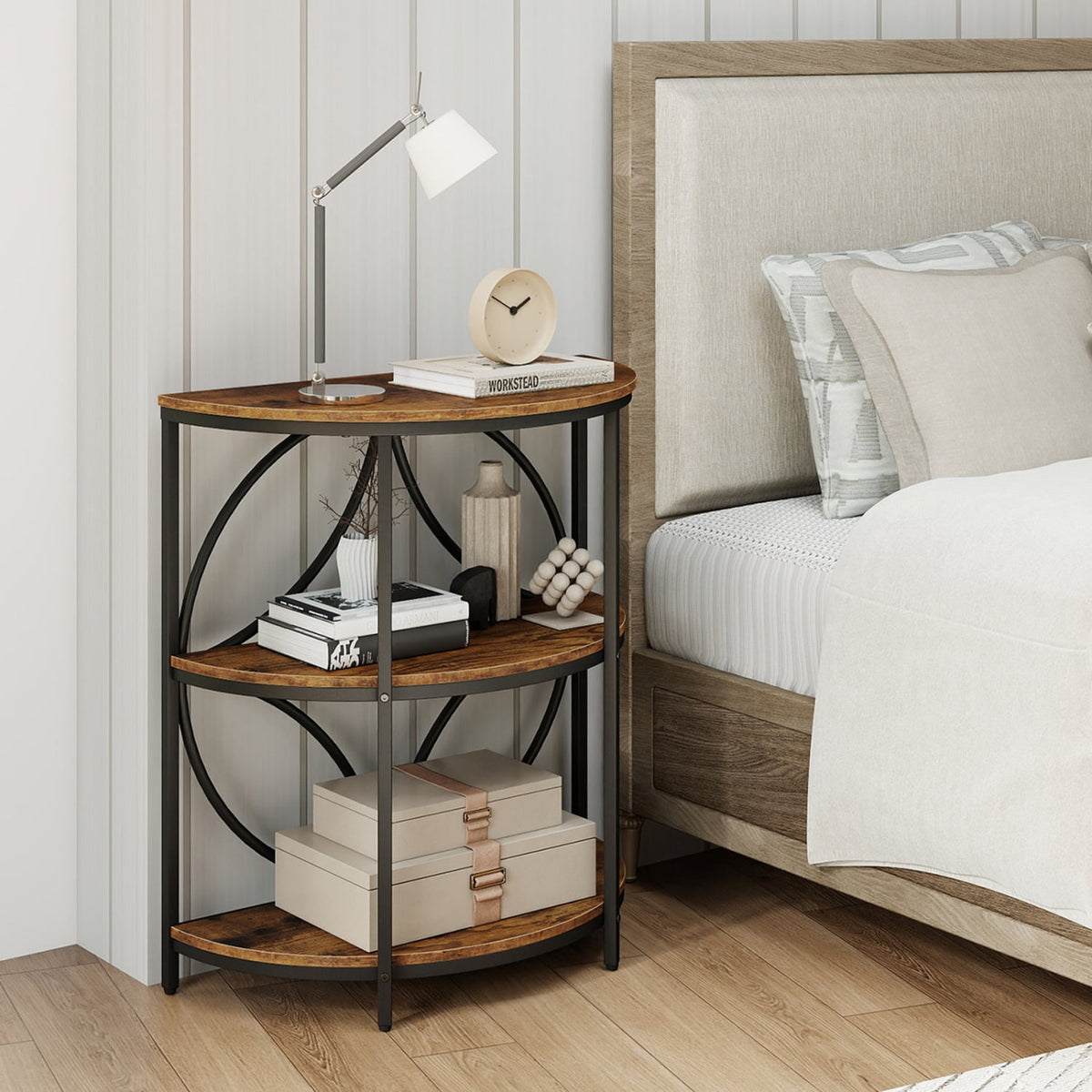 Narrow Side Table with Study Metal Frame and Storage Shelves-Rustic Brown-End & Side Tables-DECOROLALA