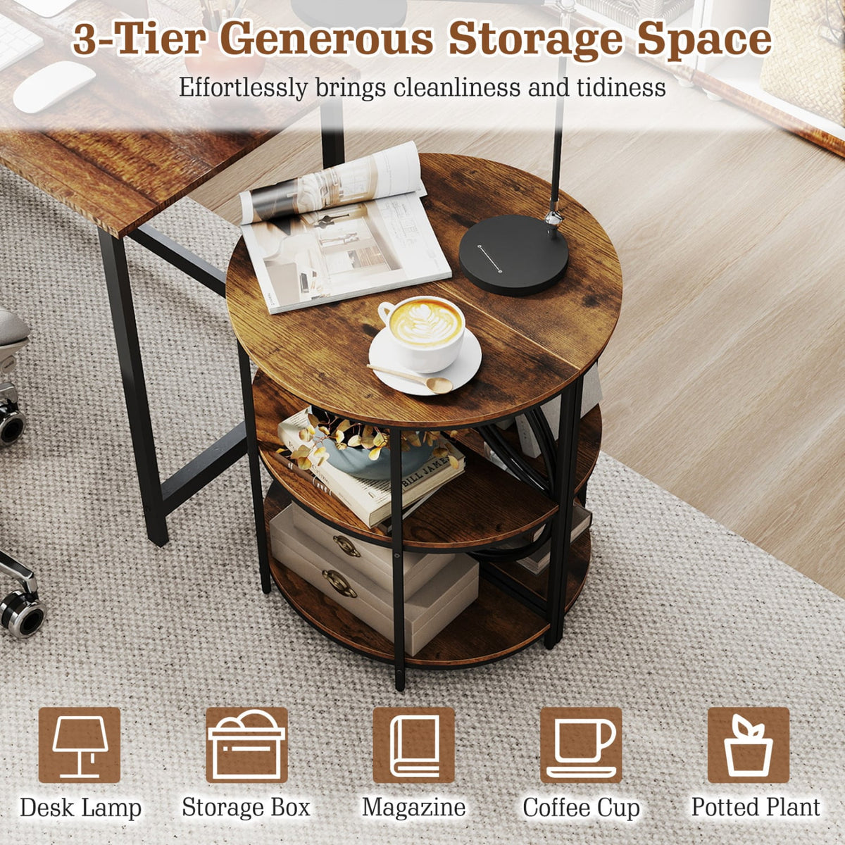 Narrow Side Table with Study Metal Frame and Storage Shelves-Rustic Brown-End & Side Tables-DECOROLALA
