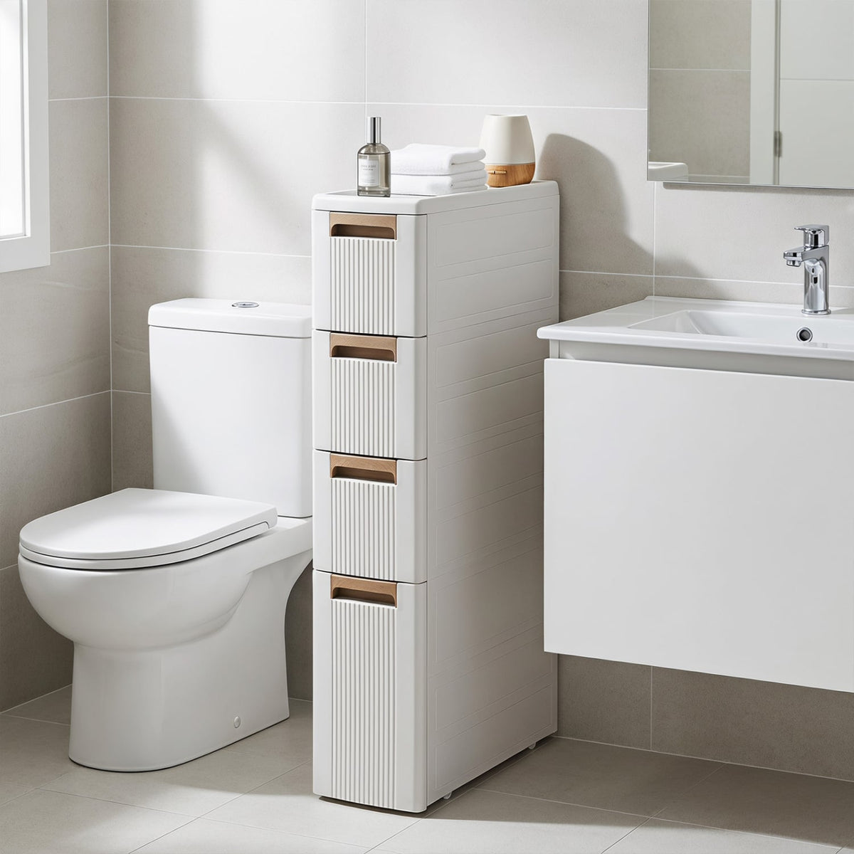 Narrow Storage Cabinet with Drawers and Wheels - 7" Wide Beige-Floor Cabinets-DECOROLALA
