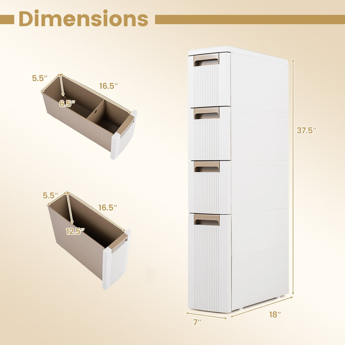 Narrow Storage Cabinet with Drawers and Wheels - 7" Wide Beige-Floor Cabinets-DECOROLALA