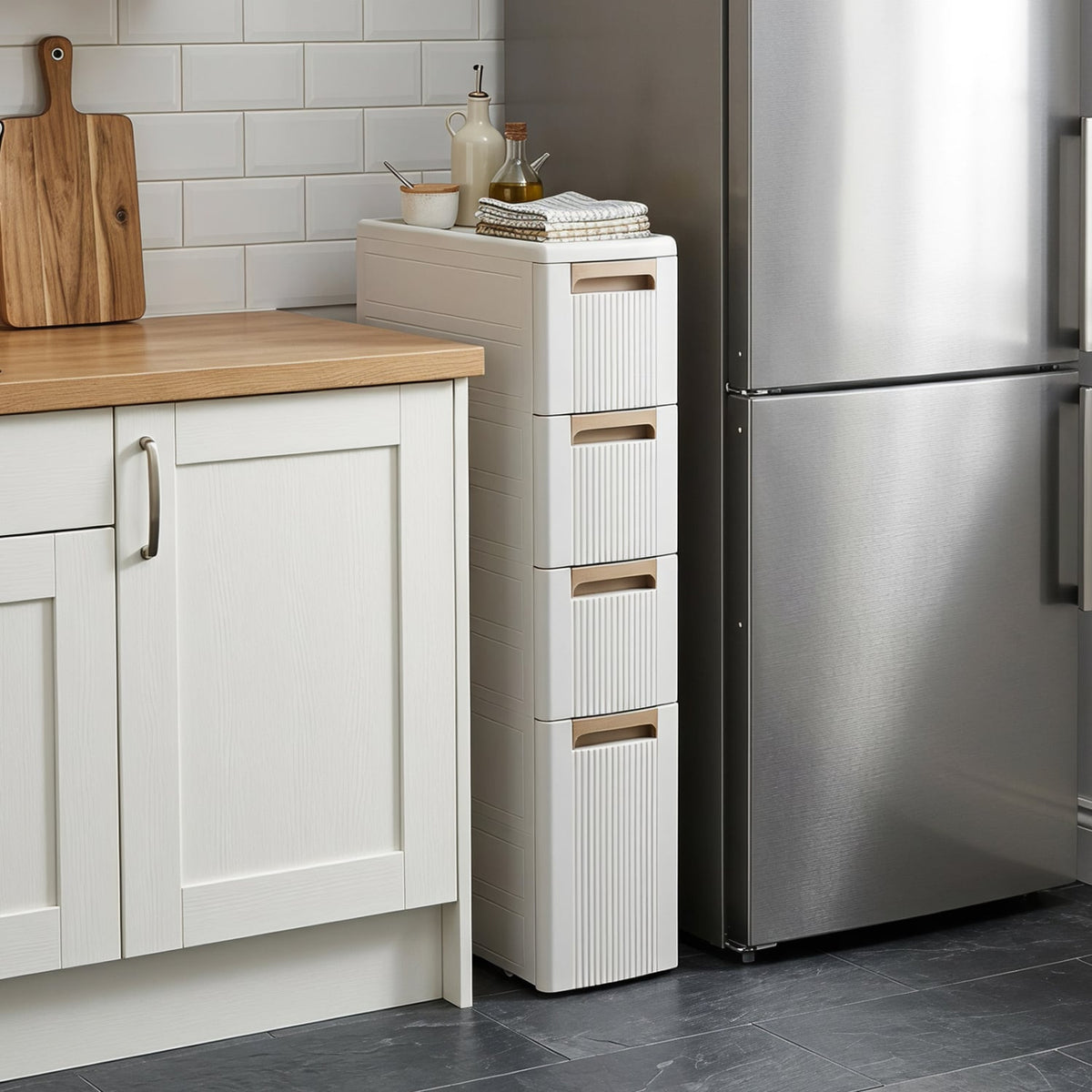 Narrow Storage Cabinet with Drawers and Wheels - 7" Wide Beige-Floor Cabinets-DECOROLALA
