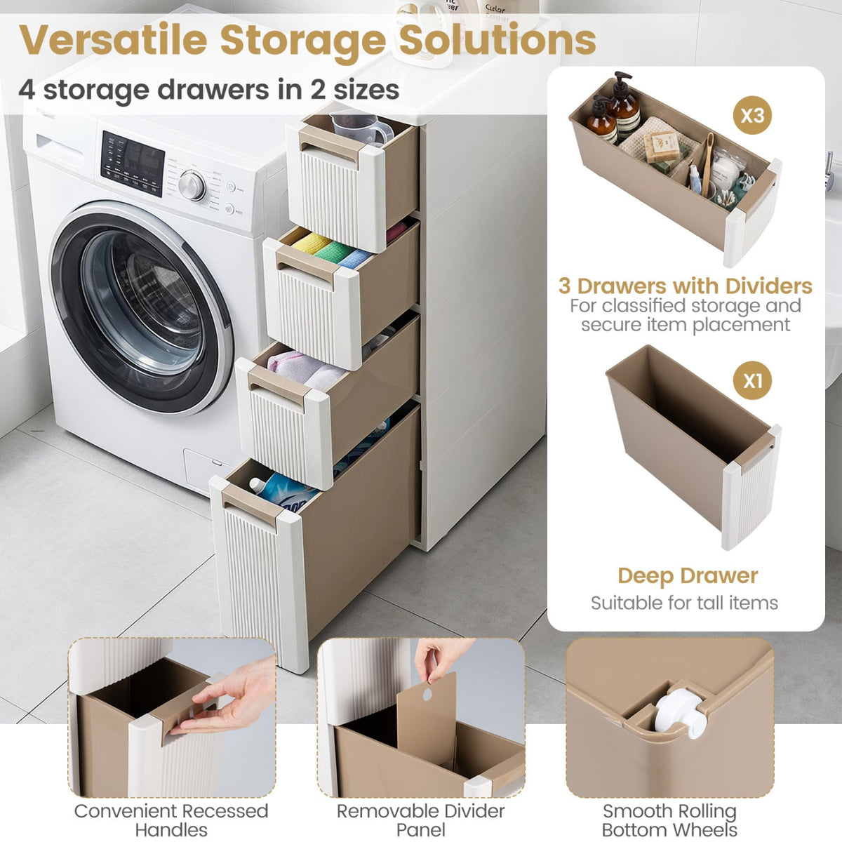 Narrow Storage Cabinet with Drawers and Wheels - 7" Wide Beige-Floor Cabinets-DECOROLALA