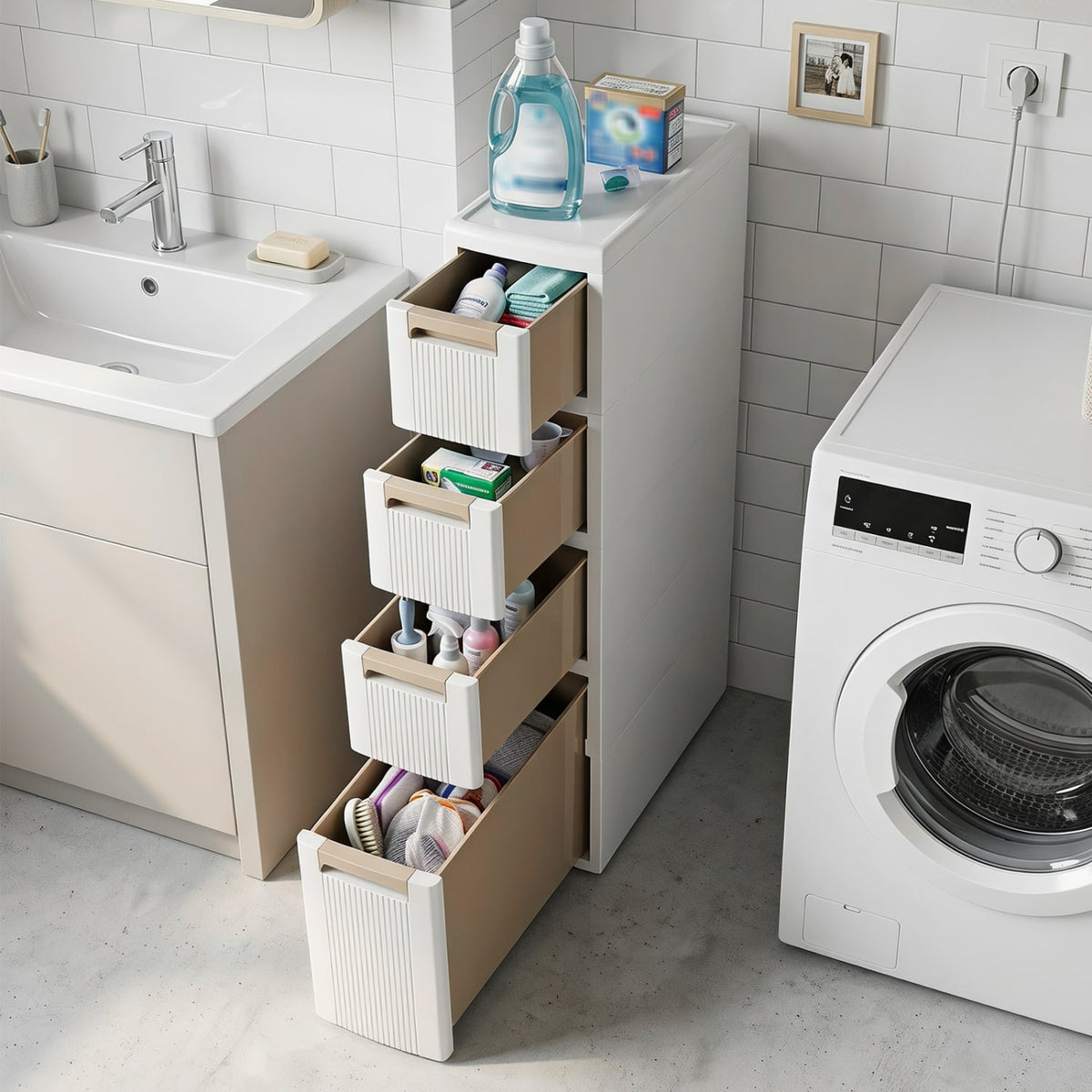 Narrow Storage Cabinet with Drawers and Wheels - 7" Wide Beige-Floor Cabinets-DECOROLALA