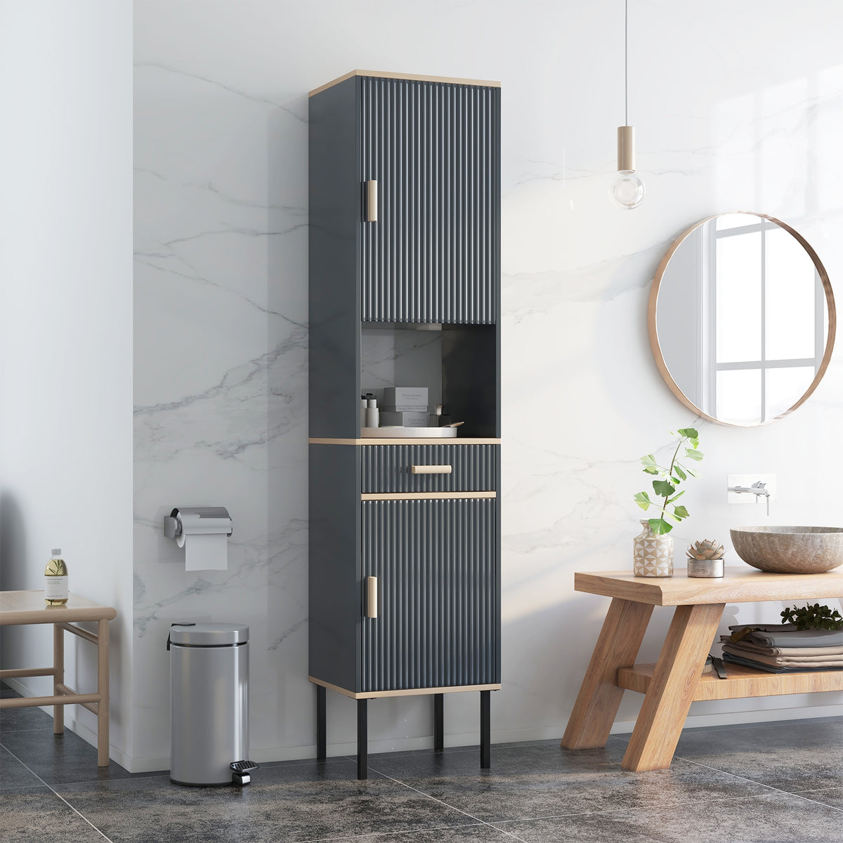 Narrow Tall Linen Cabinet - Gray 16" x 70" Storage Tower-Floor Cabinets-DECOROLALA