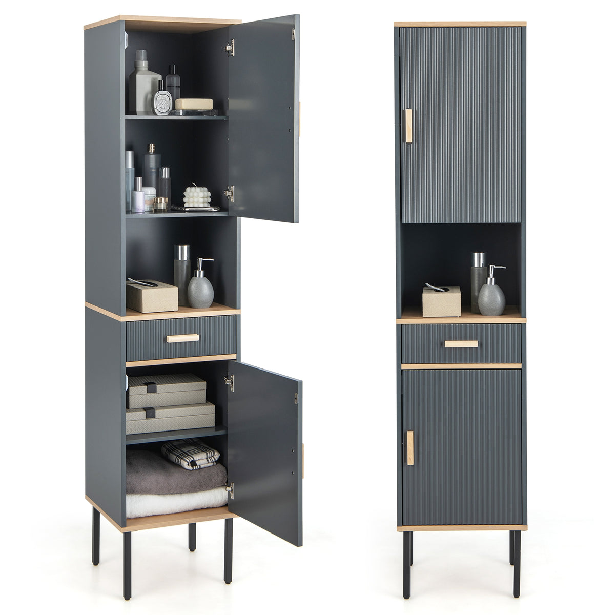 Narrow Tall Linen Cabinet - Gray 16" x 70" Storage Tower-Floor Cabinets-DECOROLALA