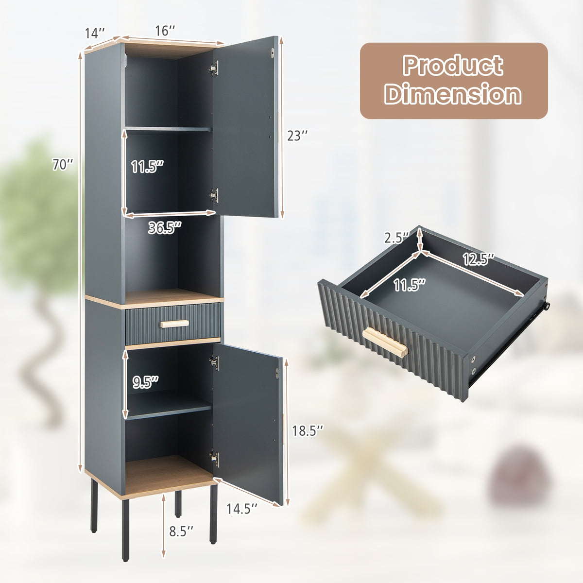 Narrow Tall Linen Cabinet - Gray 16" x 70" Storage Tower-Floor Cabinets-DECOROLALA
