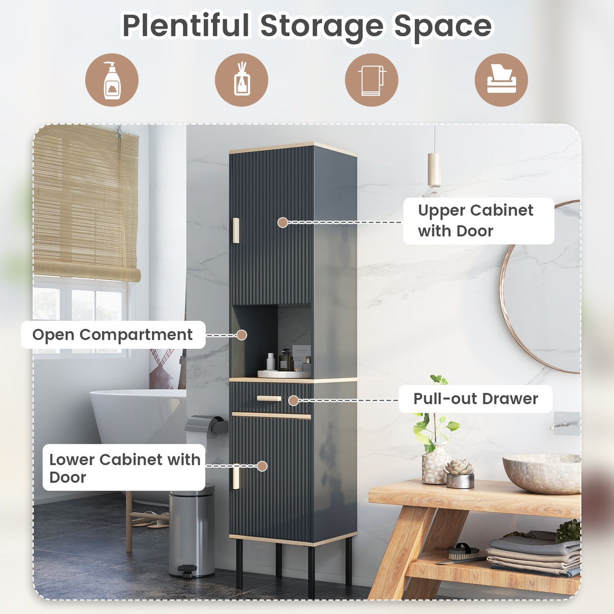 Narrow Tall Linen Cabinet - Gray 16" x 70" Storage Tower-Floor Cabinets-DECOROLALA