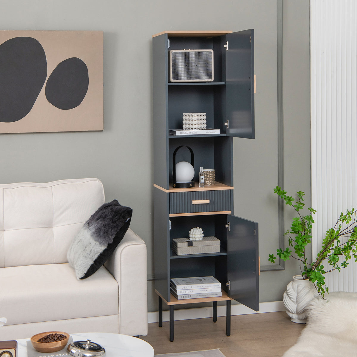 Narrow Tall Linen Cabinet - Gray 16" x 70" Storage Tower-Floor Cabinets-DECOROLALA