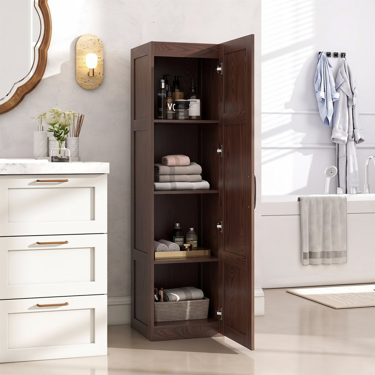 Narrow Tall Storage Cabinet - 59" Slim 4-Shelf Organizer Brown-Floor Cabinets-DECOROLALA